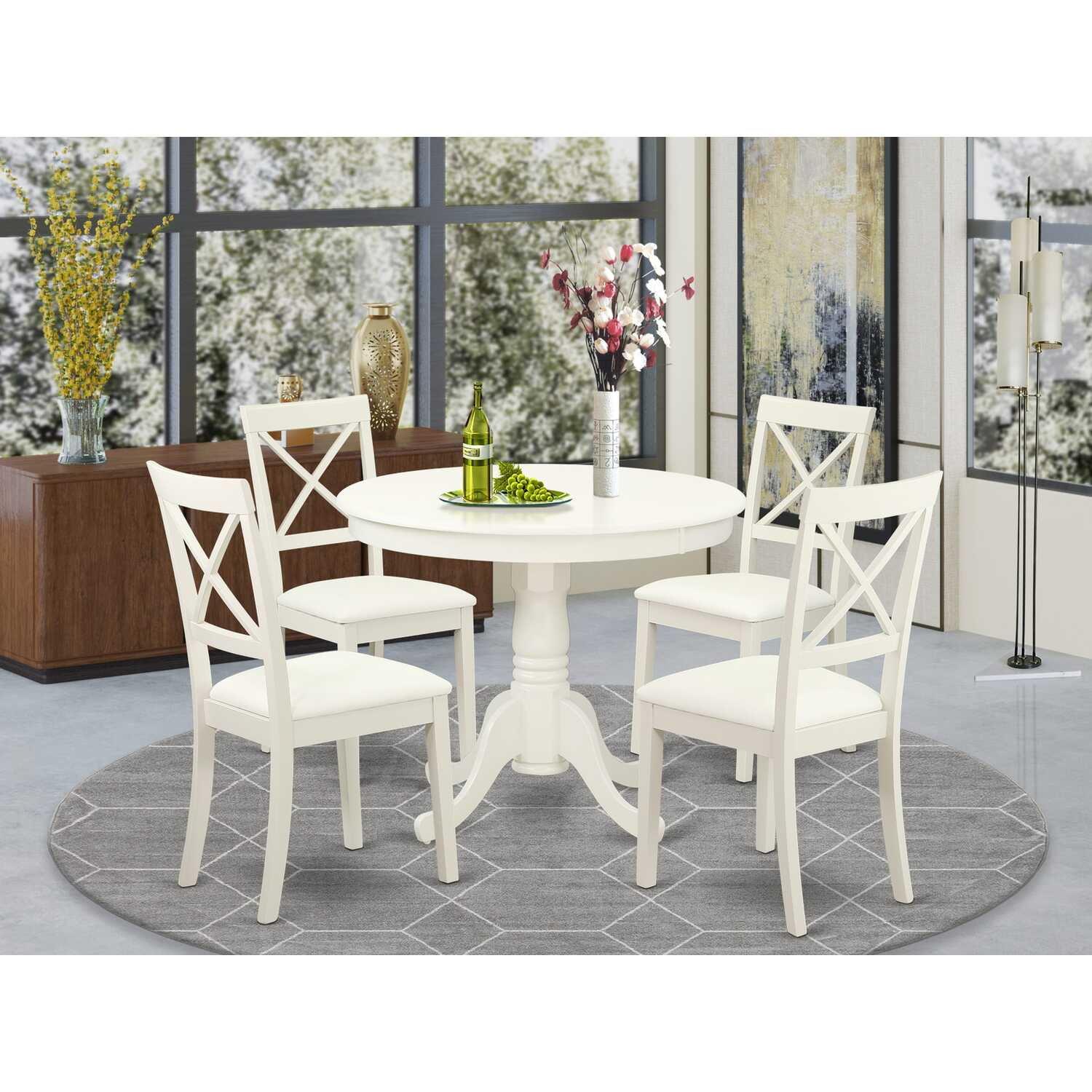 East West Furniture Antique 5-piece Dining Set with Leather Seat in Linen White