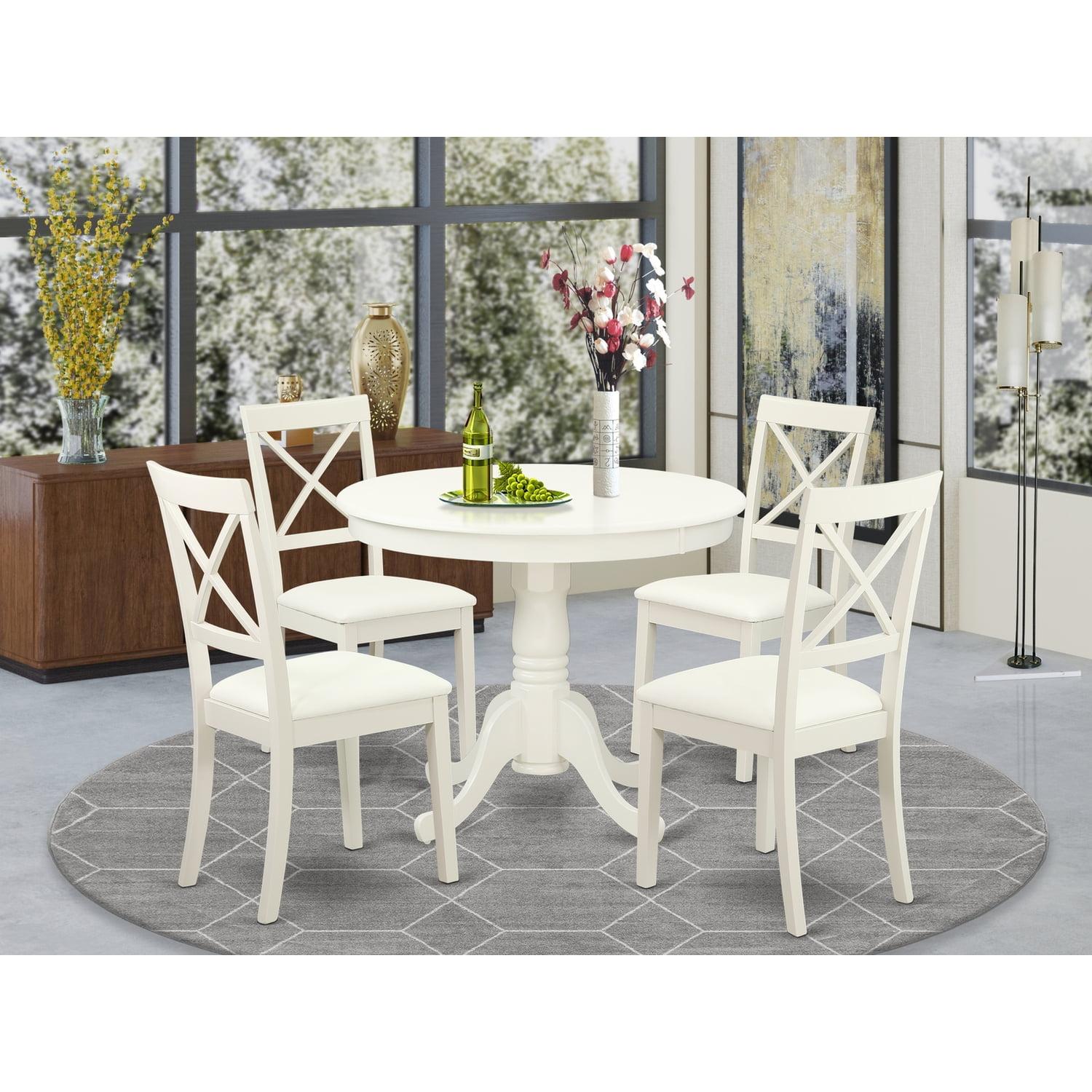 Linen White Round Pedestal Dining Set with Faux Leather Chairs