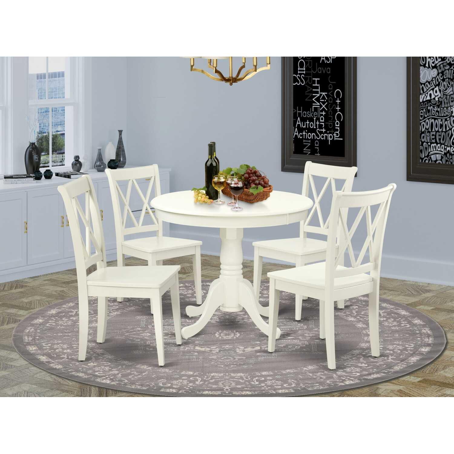 East West Furniture Antique 5-piece Dining Set with Round Table in Linen White