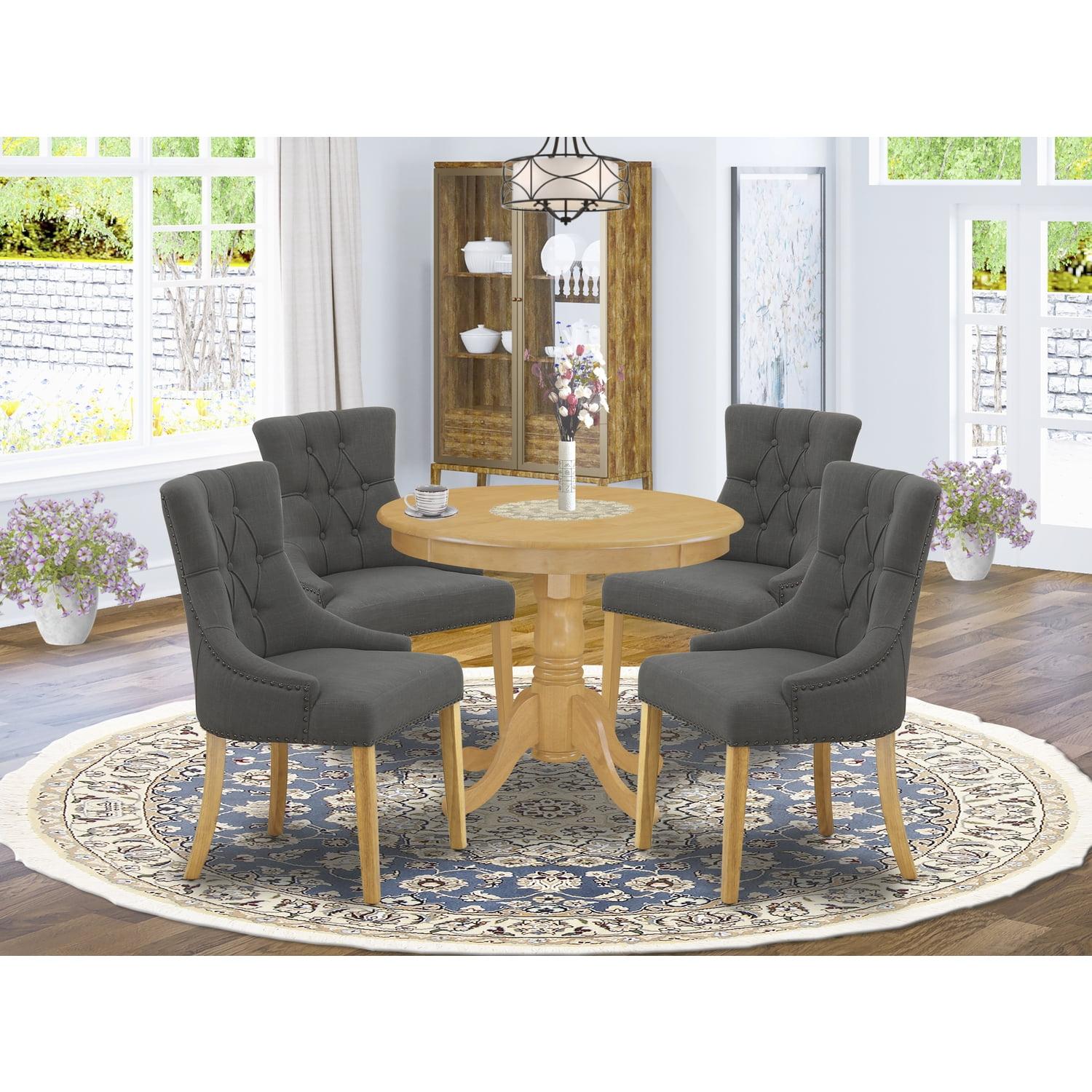 Gotham Grey Oak Finish 5-Piece Round Dining Set with Tufted Chairs