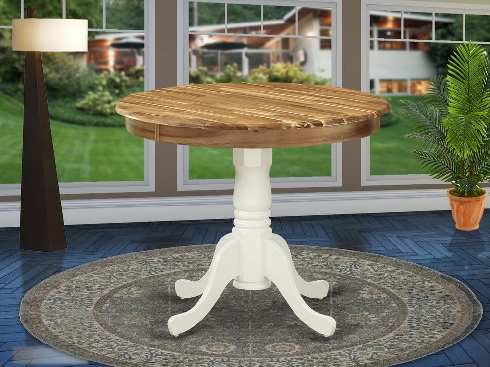 36" Round Acacia Wood Extendable Dining Table with Linen White Pedestal