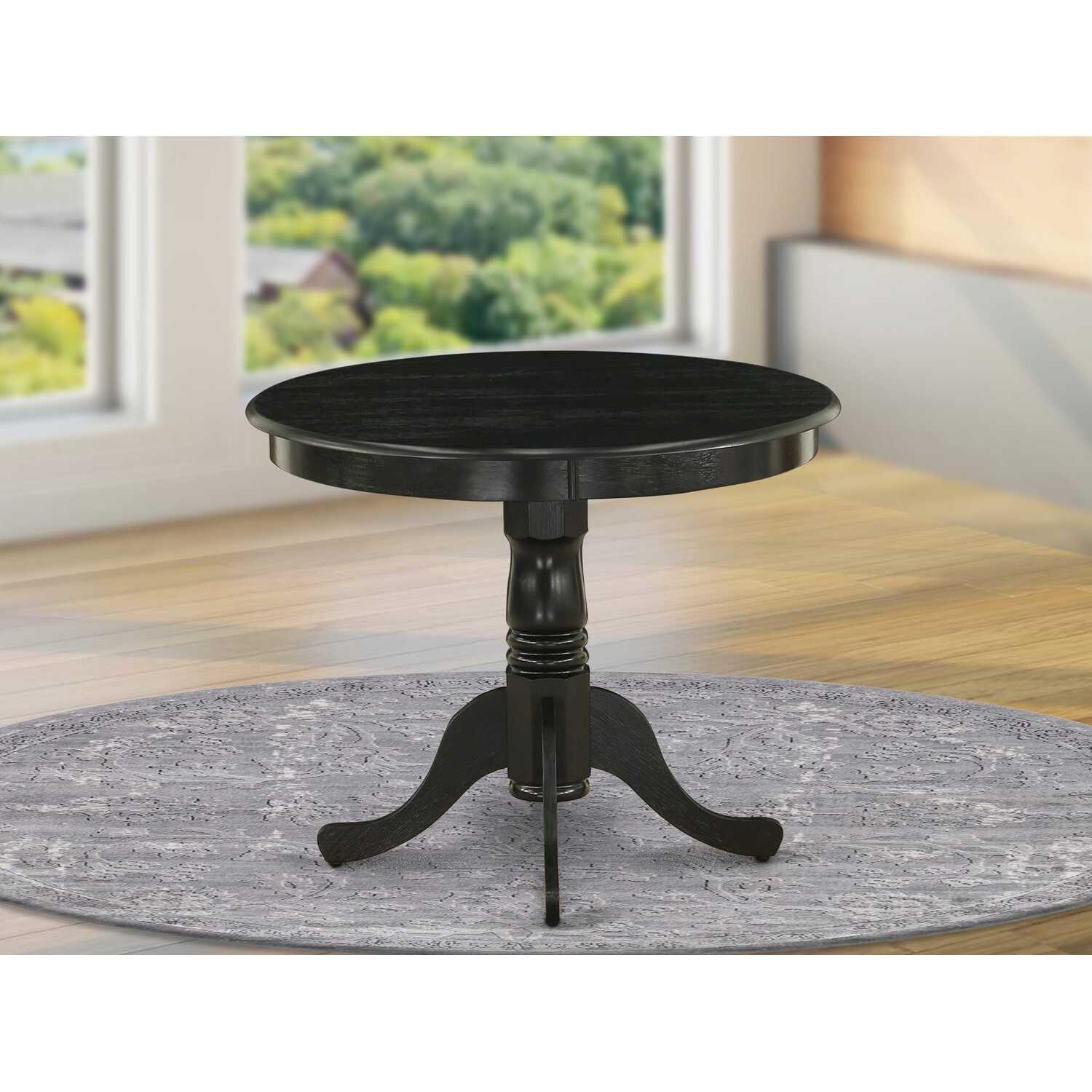 East West Furniture Antique Round Rubber Wood Dining Table in Wirebrushed Black