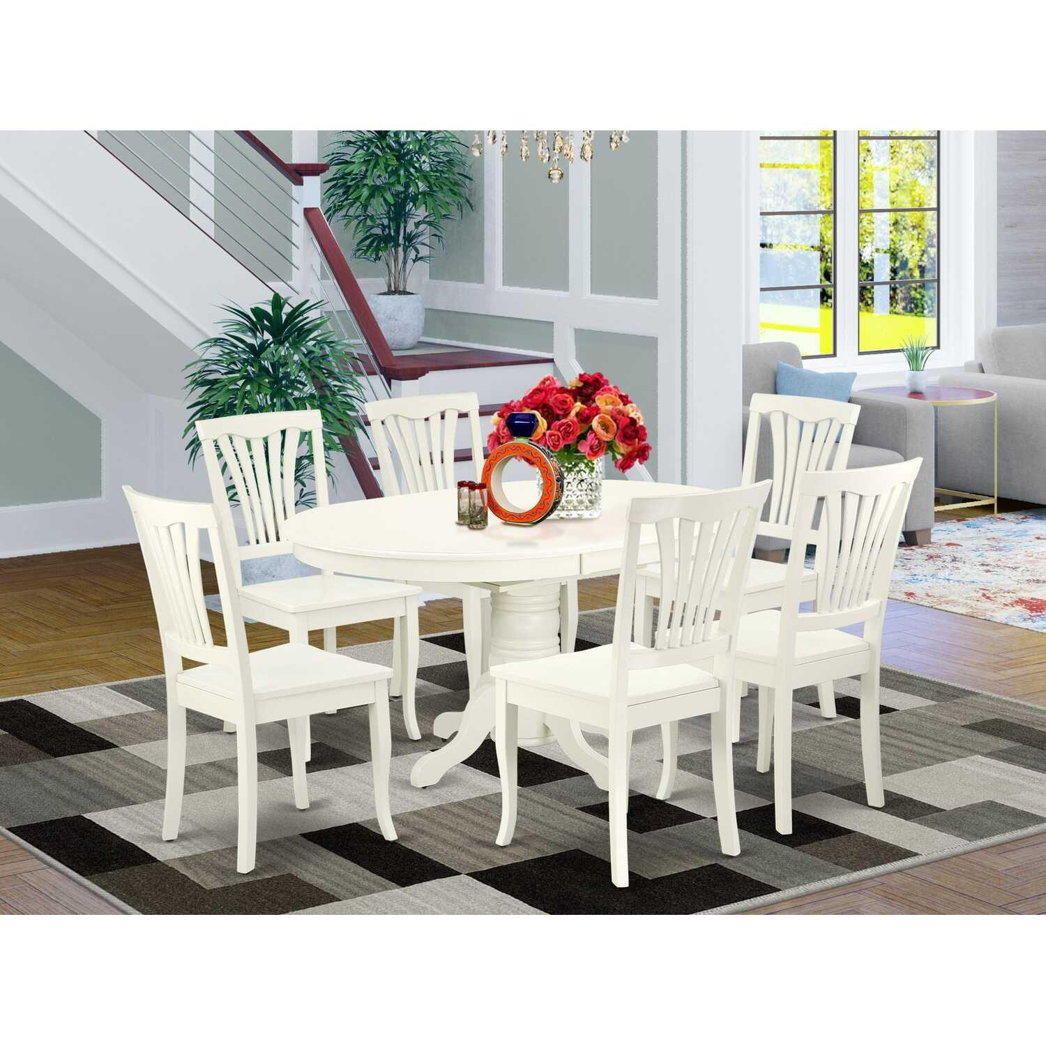 East West Furniture Avon 7-piece Wood Table and Dining Chair Set in Linen White