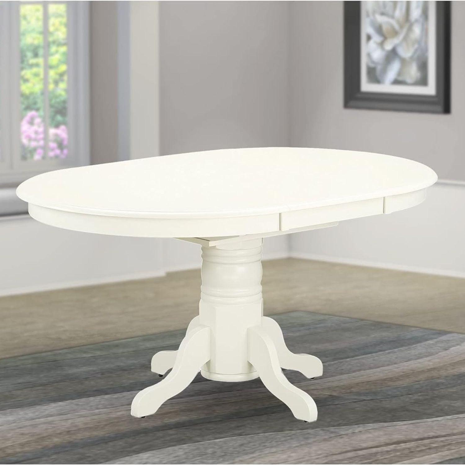 Linen White Round Pedestal Wood Dining Table with Extendable Leaf