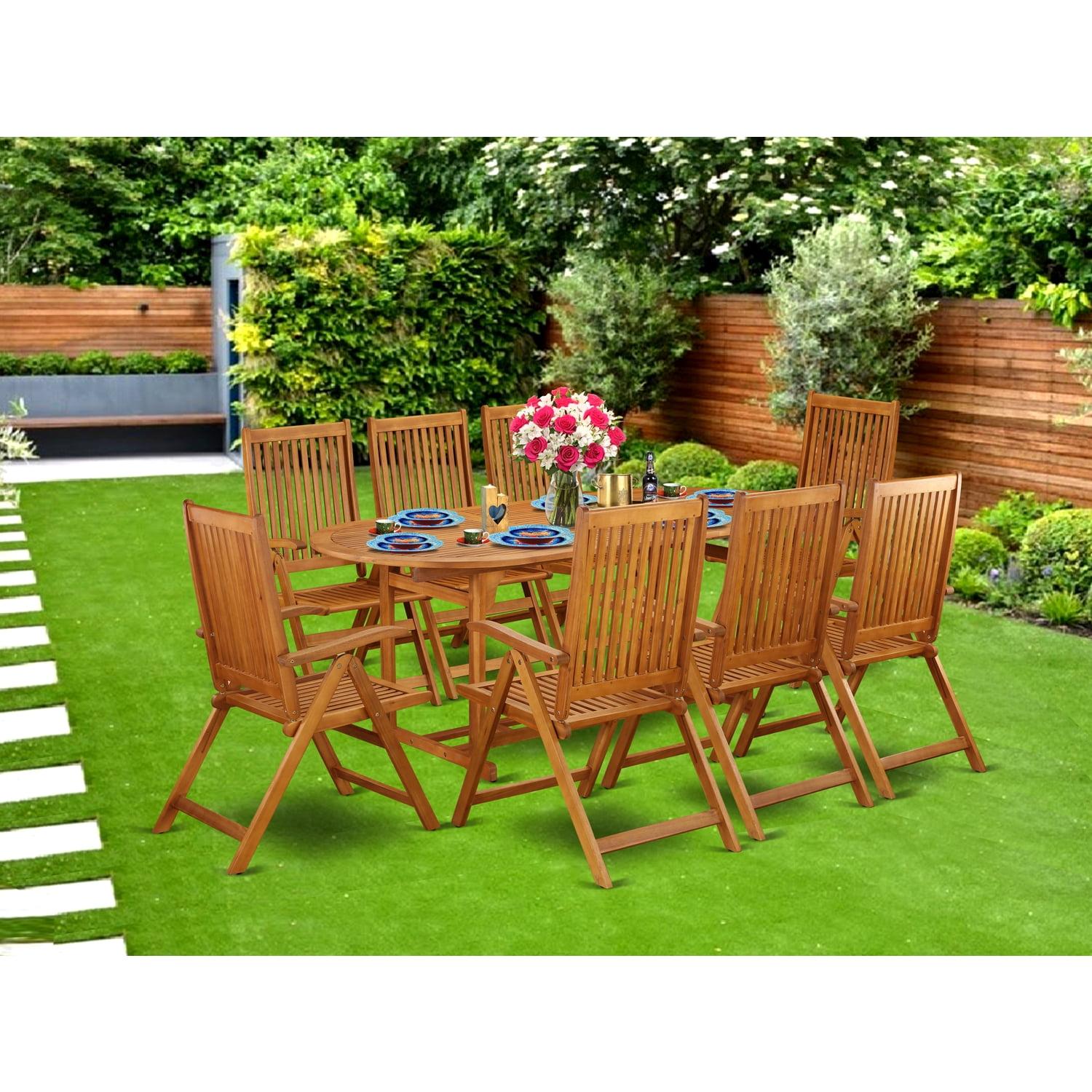 Acacia Wood 9-Piece Elegant Outdoor Dining Set in Natural Oil