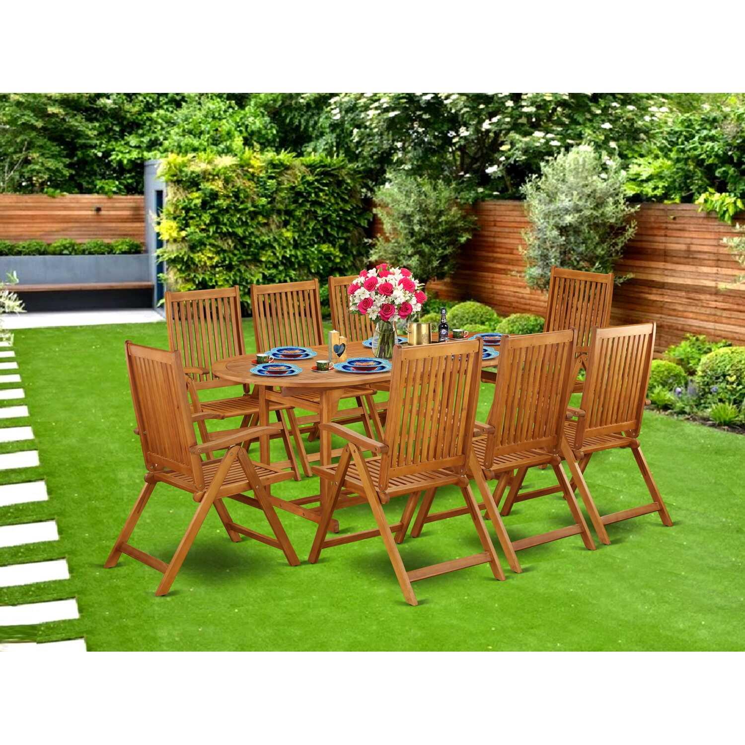 East West Furniture Beasley 9-piece Wood Backyard Set in Natural Oil