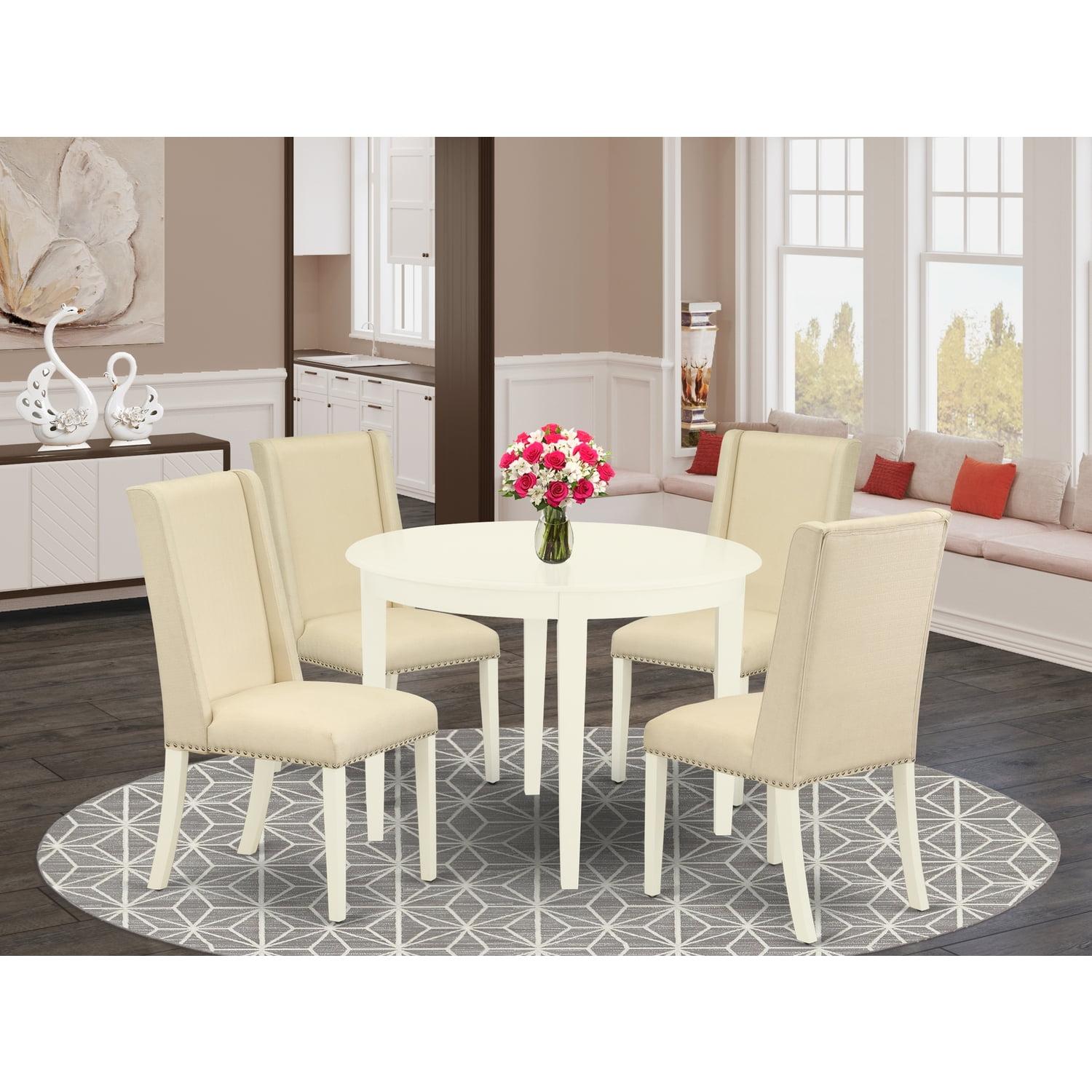 Linen White Modern 5-Piece Round Dining Set with Fabric Chairs