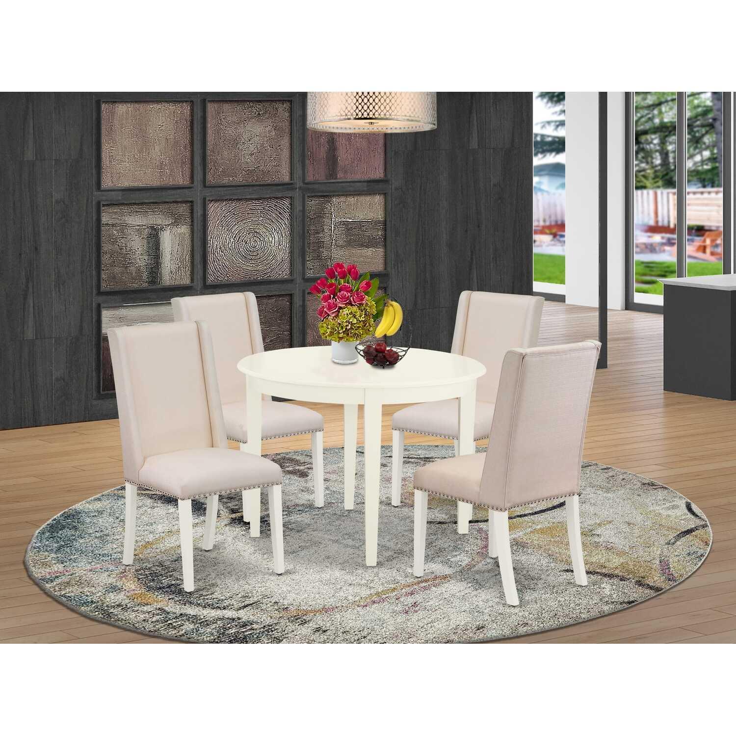 Linen White Modern 5-Piece Round Dining Set with Fabric Chairs