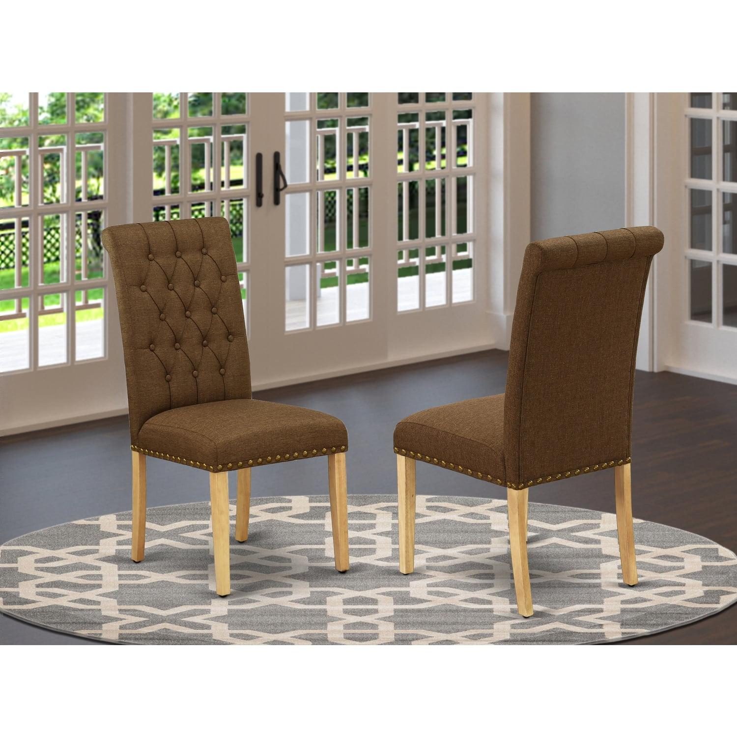 Brown Linen Upholstered Parsons Side Chair with Oak Legs