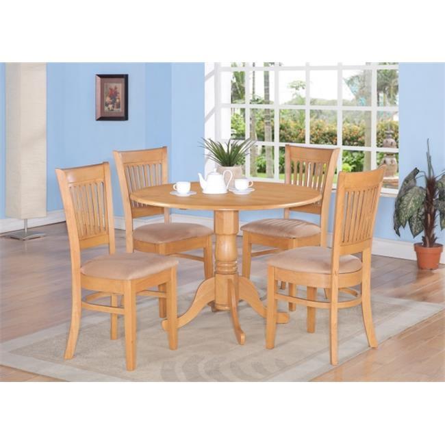 East West Furniture DLVA5-OAK-C Dublin 5PC Set - Round Table with two 9 in. Drop Leaves and 4 Vertical slat back microfiber seat chairs