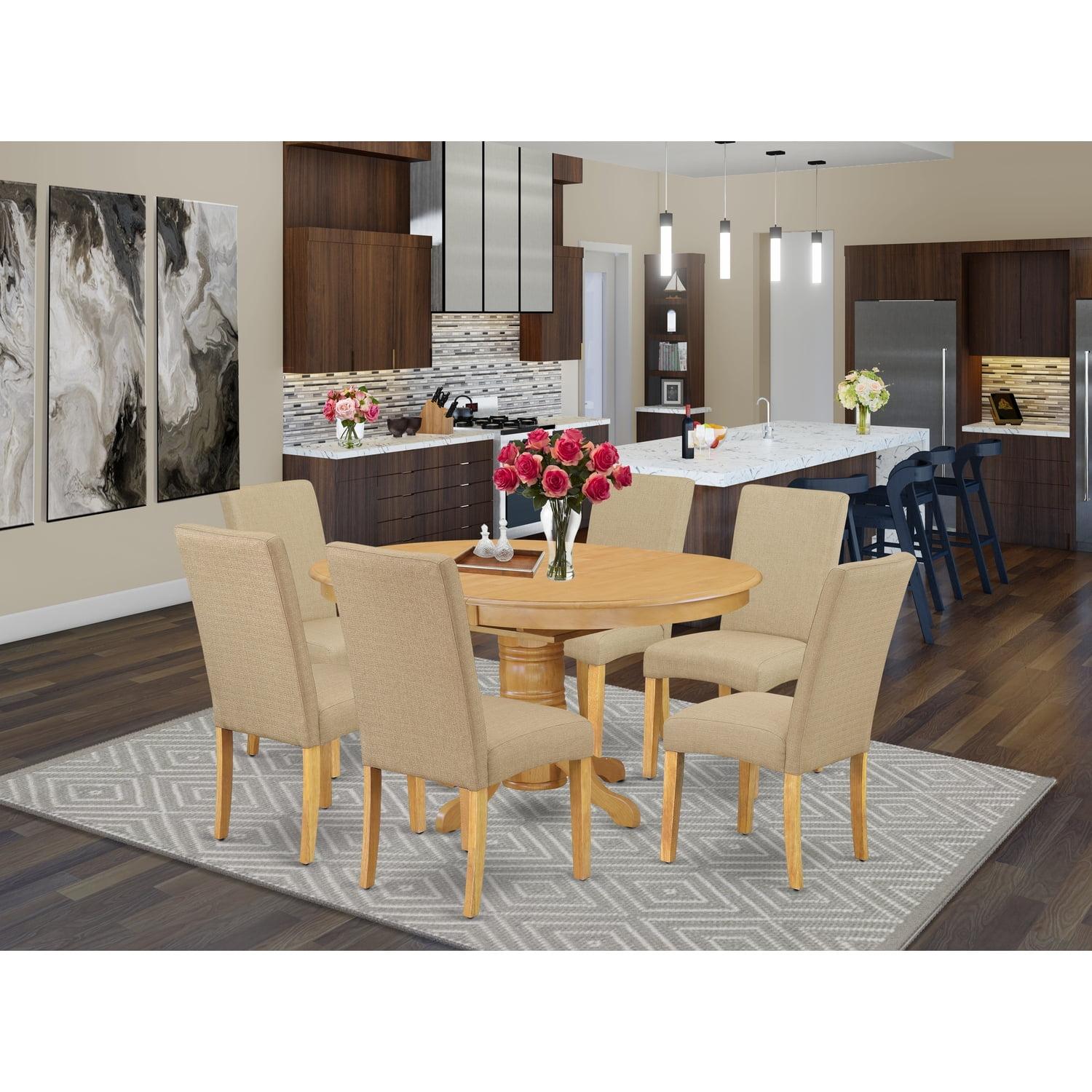 Oak Pedestal Dining Set with 6 Dark Khaki Linen Chairs