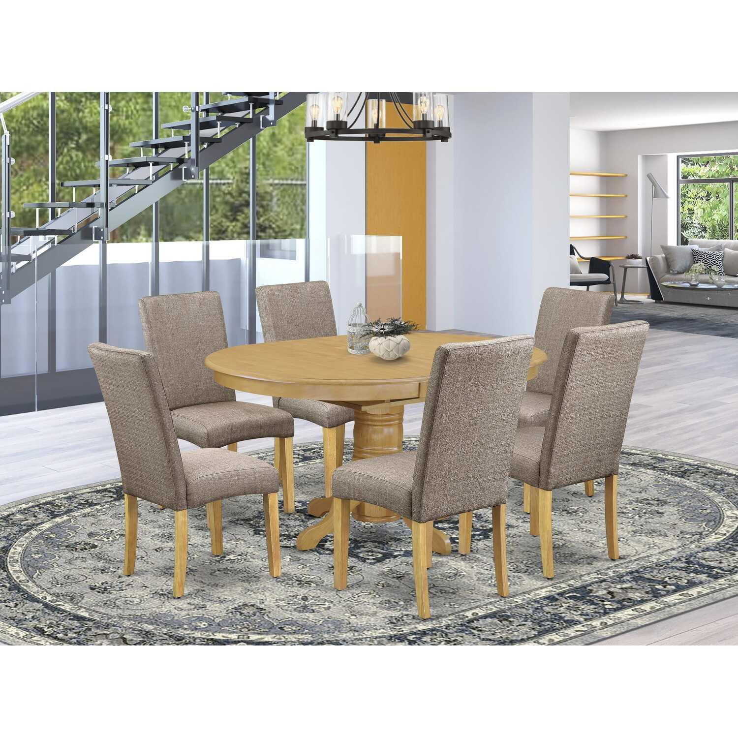 Oak Pedestal Dining Set with 6 Dark Khaki Linen Chairs