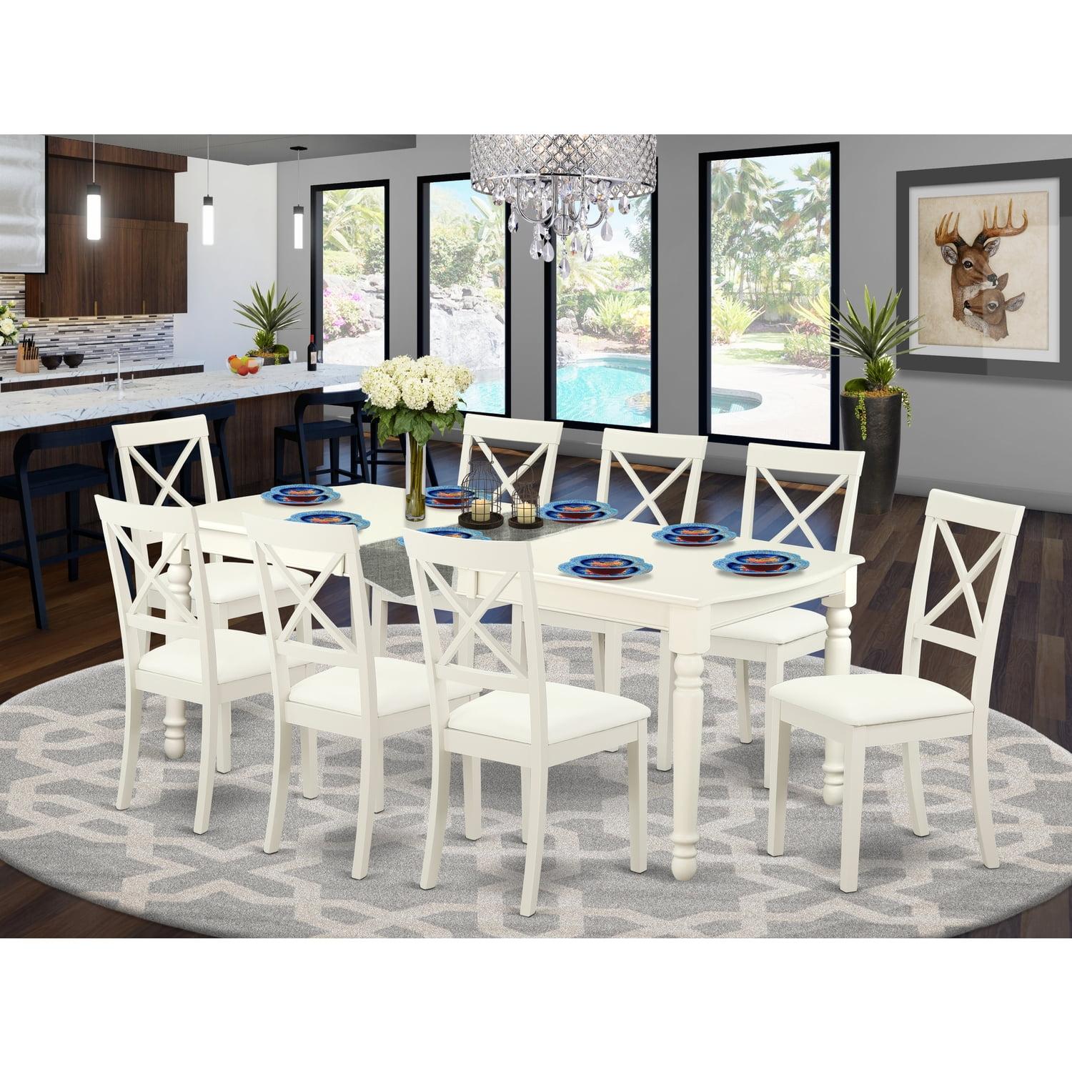 Linen White Rubber Wood Dining Set with 8 Faux Leather Chairs