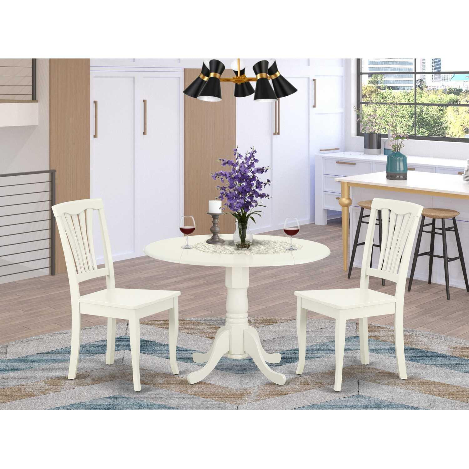 42 in. Dublin Round Table with Two 9 in. Drop Leaves & 2 Vertical Slatted Chairs - Linen White, 3 Piece