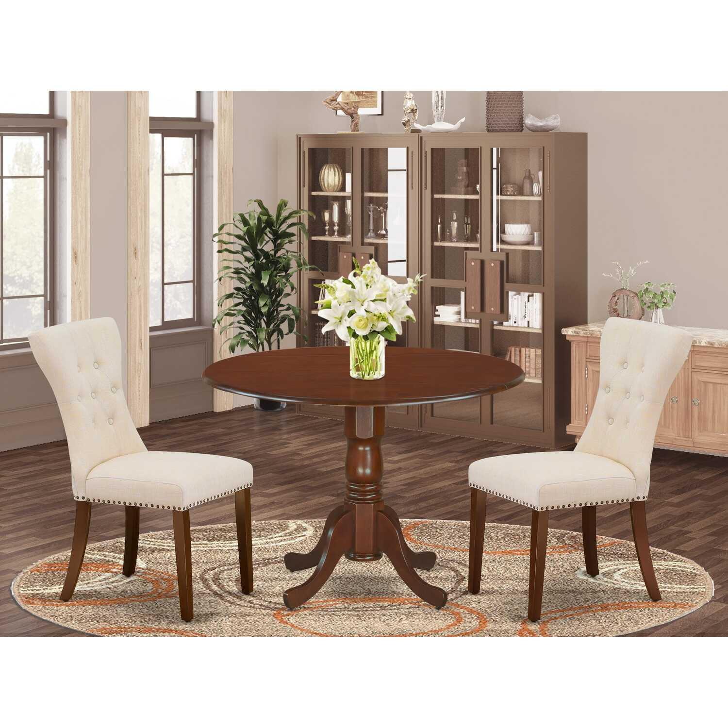 Mahogany Round Pedestal Dining Table Set with Beige Linen Chairs