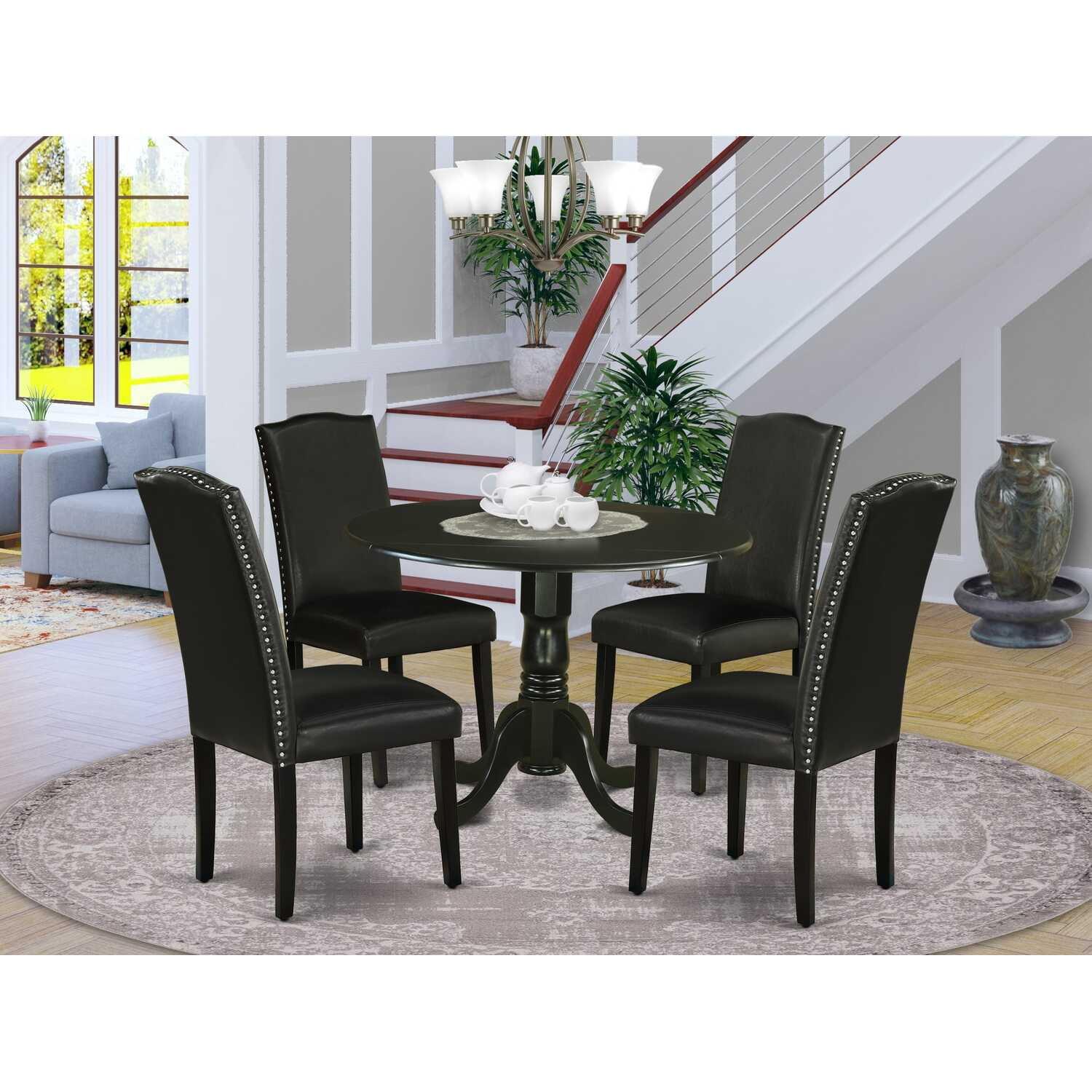 East West Furniture Dublin 5-piece Wood Dining Set with Leather Seat in Black