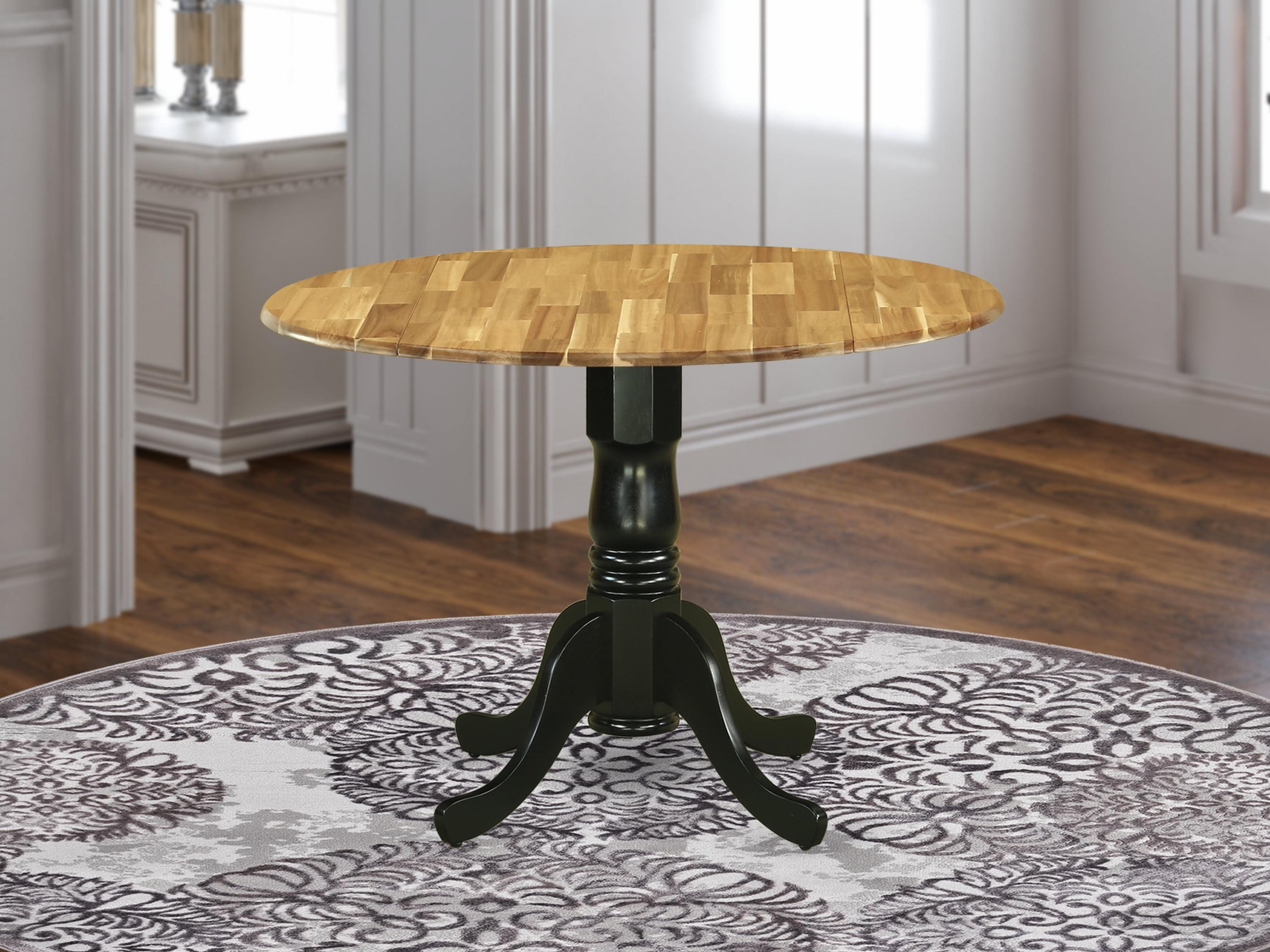 Acacia Wood Round Extendable Dining Table with Black Pedestal Base