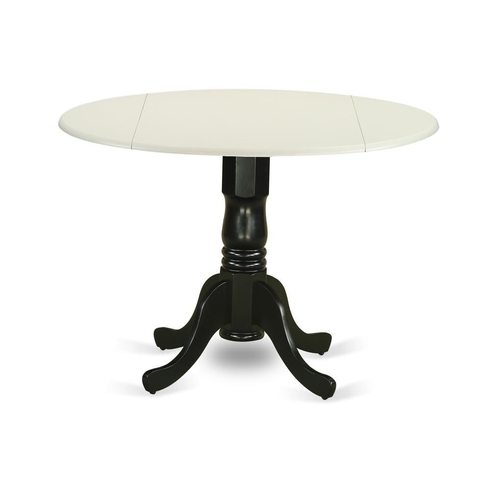 Dublin Pedestal Round Dining Table with Dual Drop Leaves, Linen White & Black