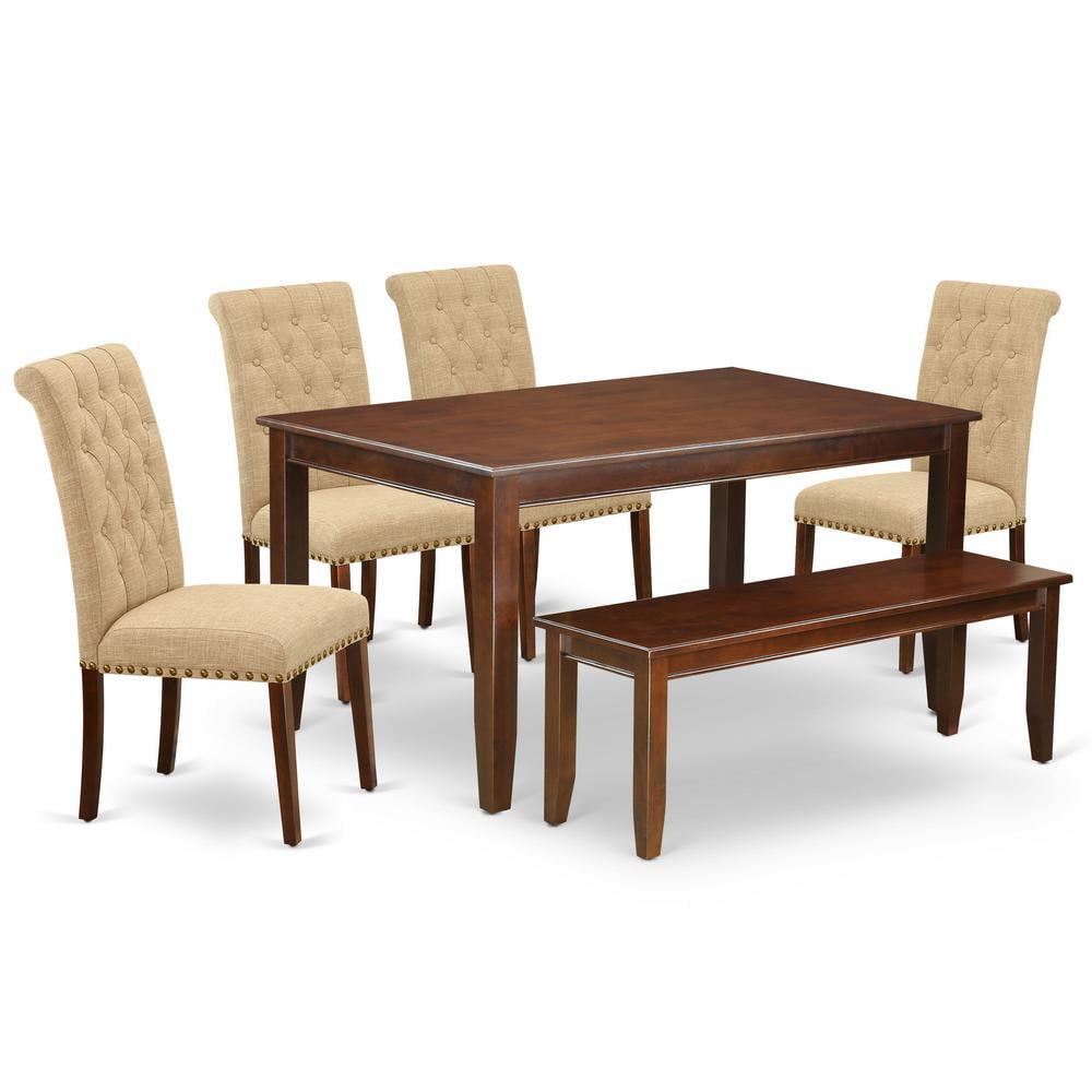 Mahogany Wood Dining Set with Light Tan Linen Chairs and Bench