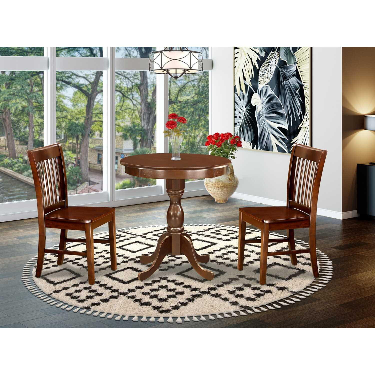 Mahogany 3-Piece Round Dining Table Set with Wood Chairs