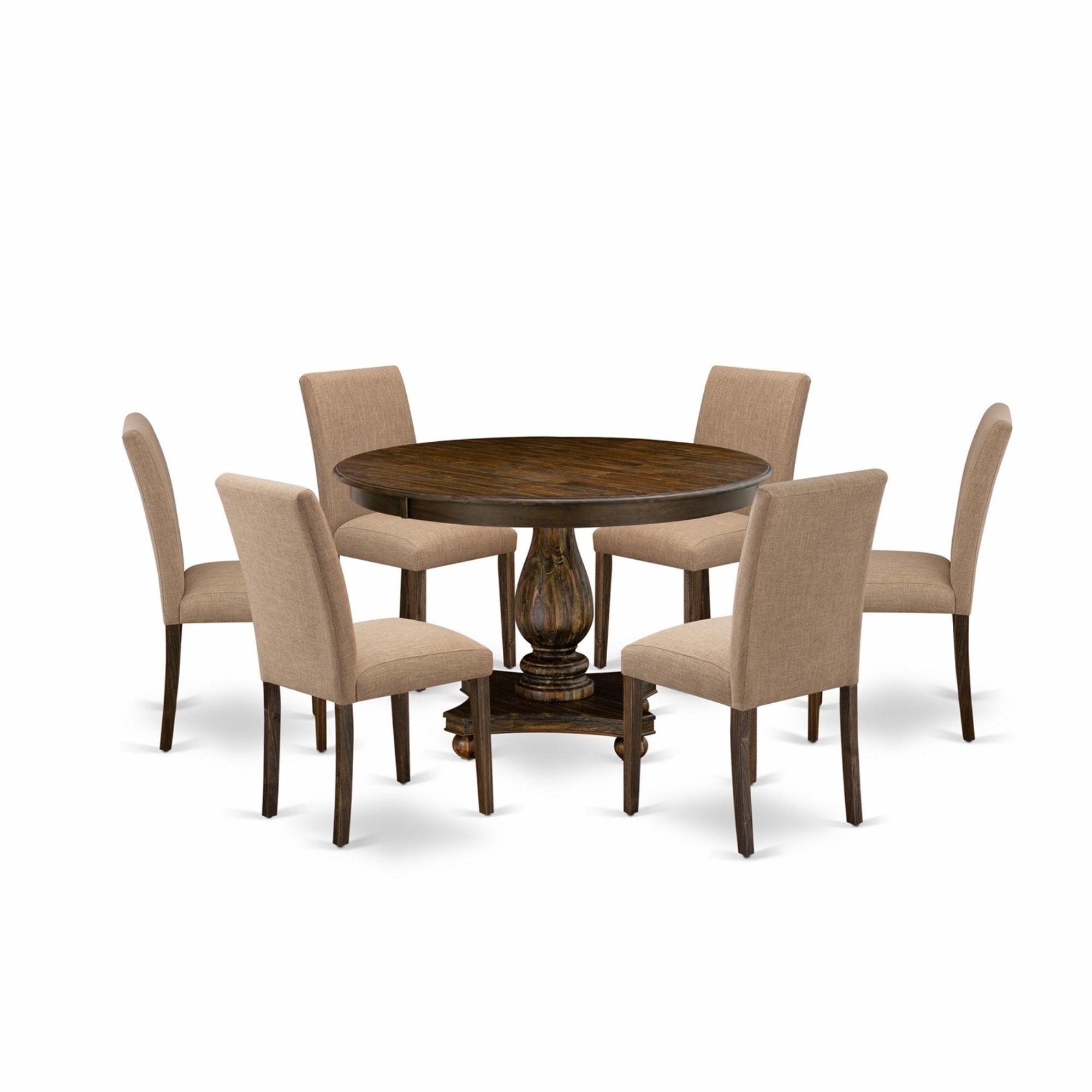 Distressed Jacobean Round Dining Set with Light Sable Linen Chairs