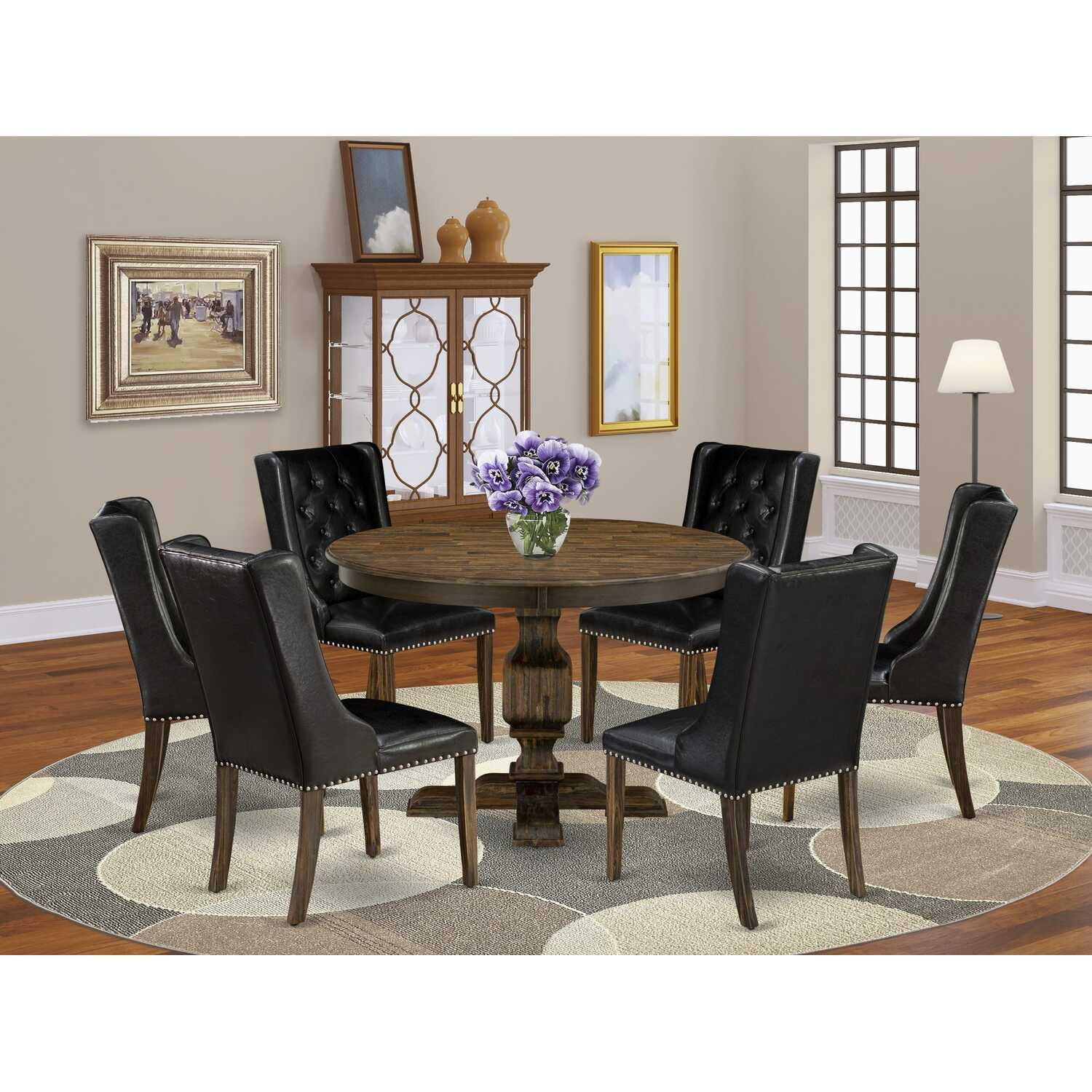 Distressed Jacobean Round Pedestal Dining Set with Black Upholstered Chairs