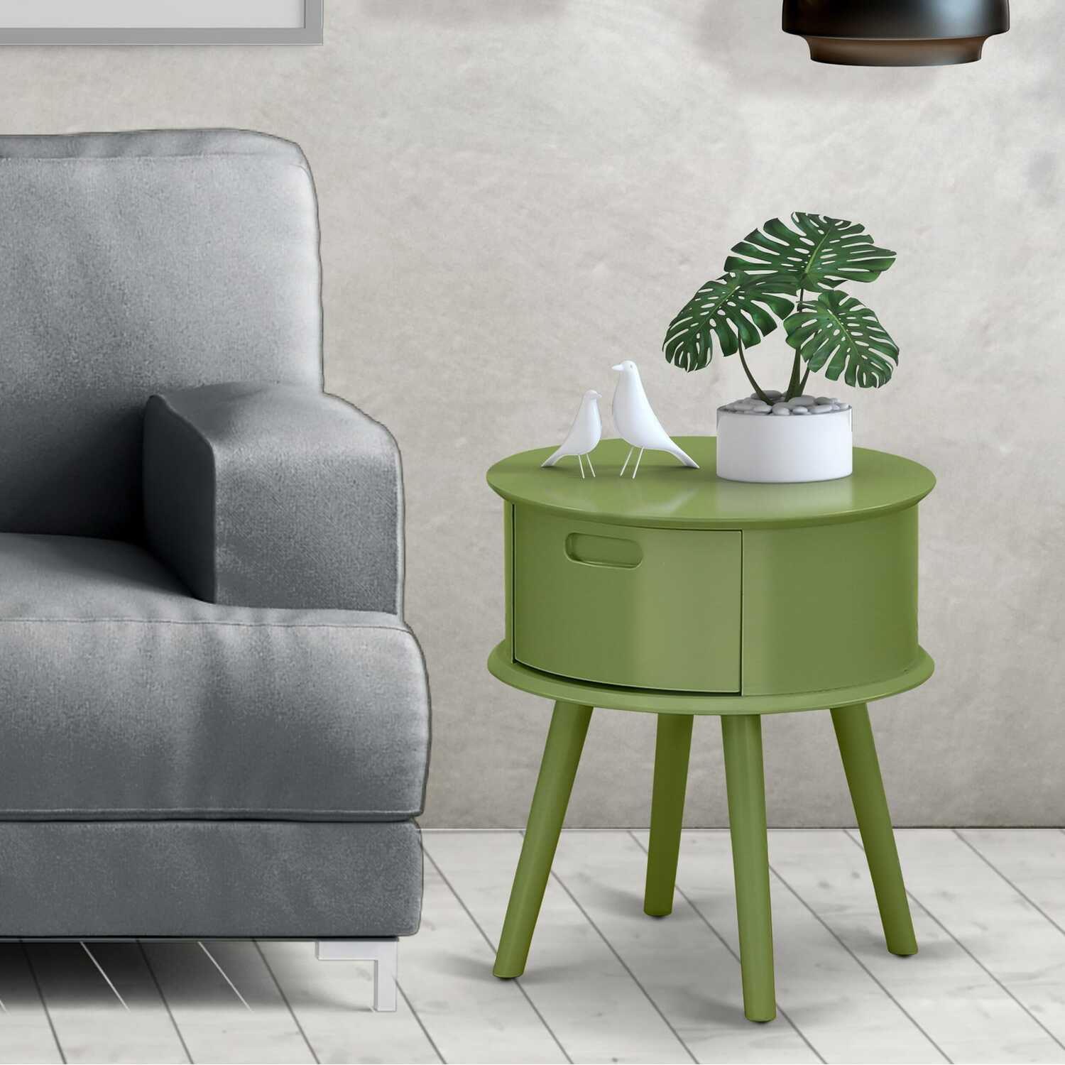Gordon Round Night Stand End Table with Drawer - Clover Green