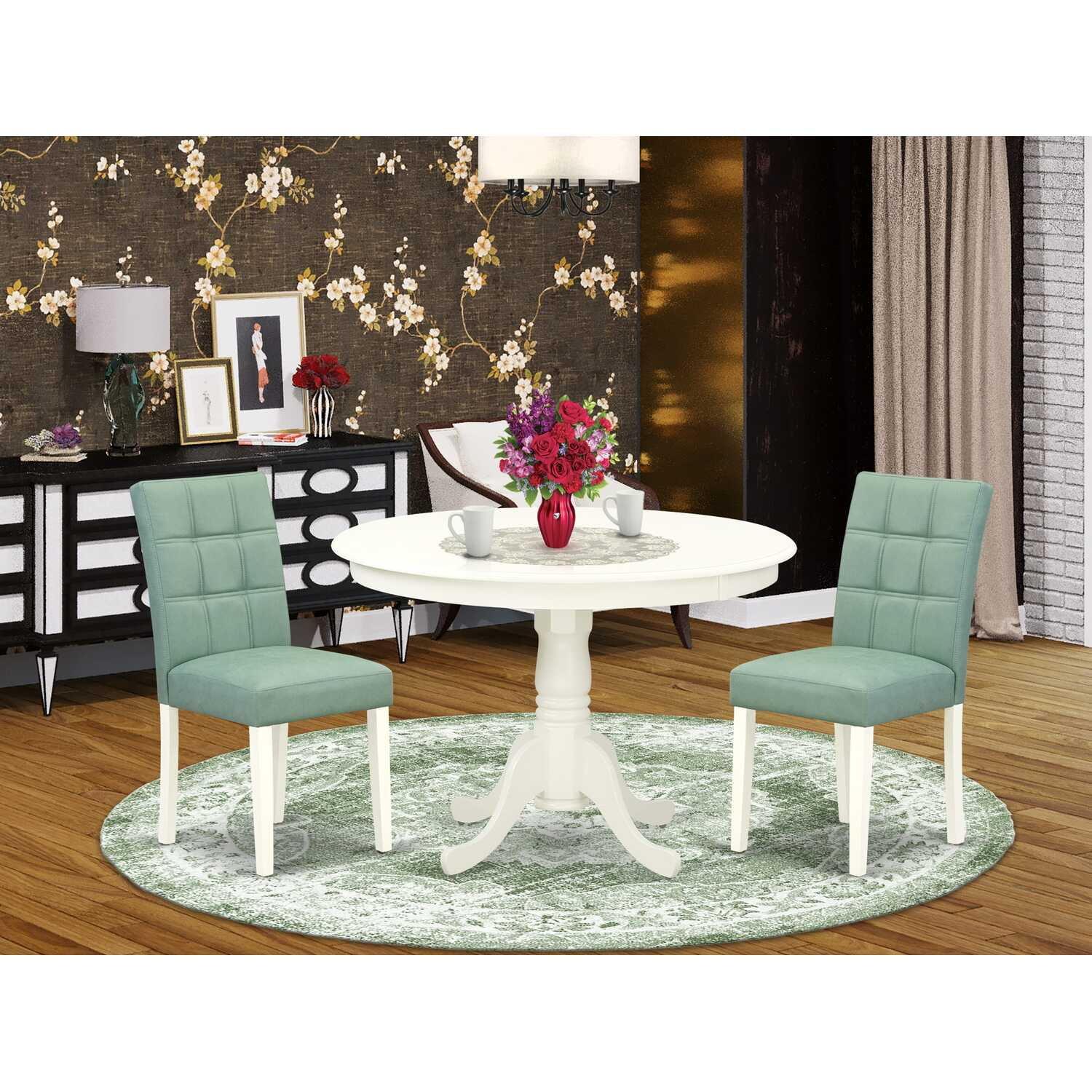 East West Furniture 3 Piece Dinner Table Set consists A Modern Table and 2 Platinum Gray Faux Leather Kitchen Chairs with Stylish Back- White Finish