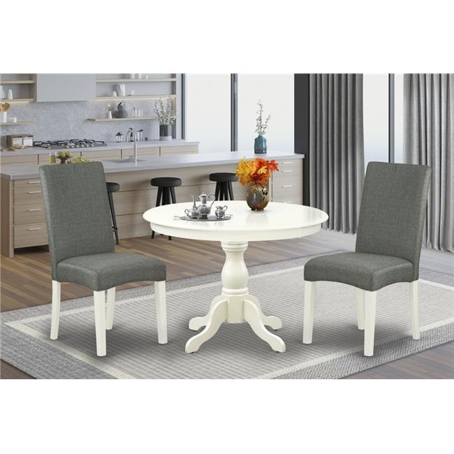 Linen White Round Pedestal Dining Table with Gray Chairs