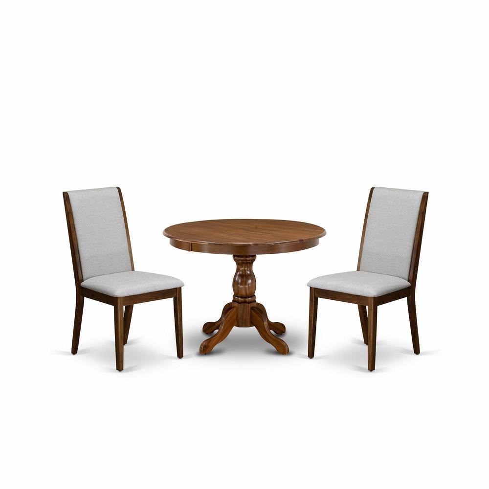 Acacia Walnut Round Pedestal Dining Table Set with Gray Upholstered Chairs