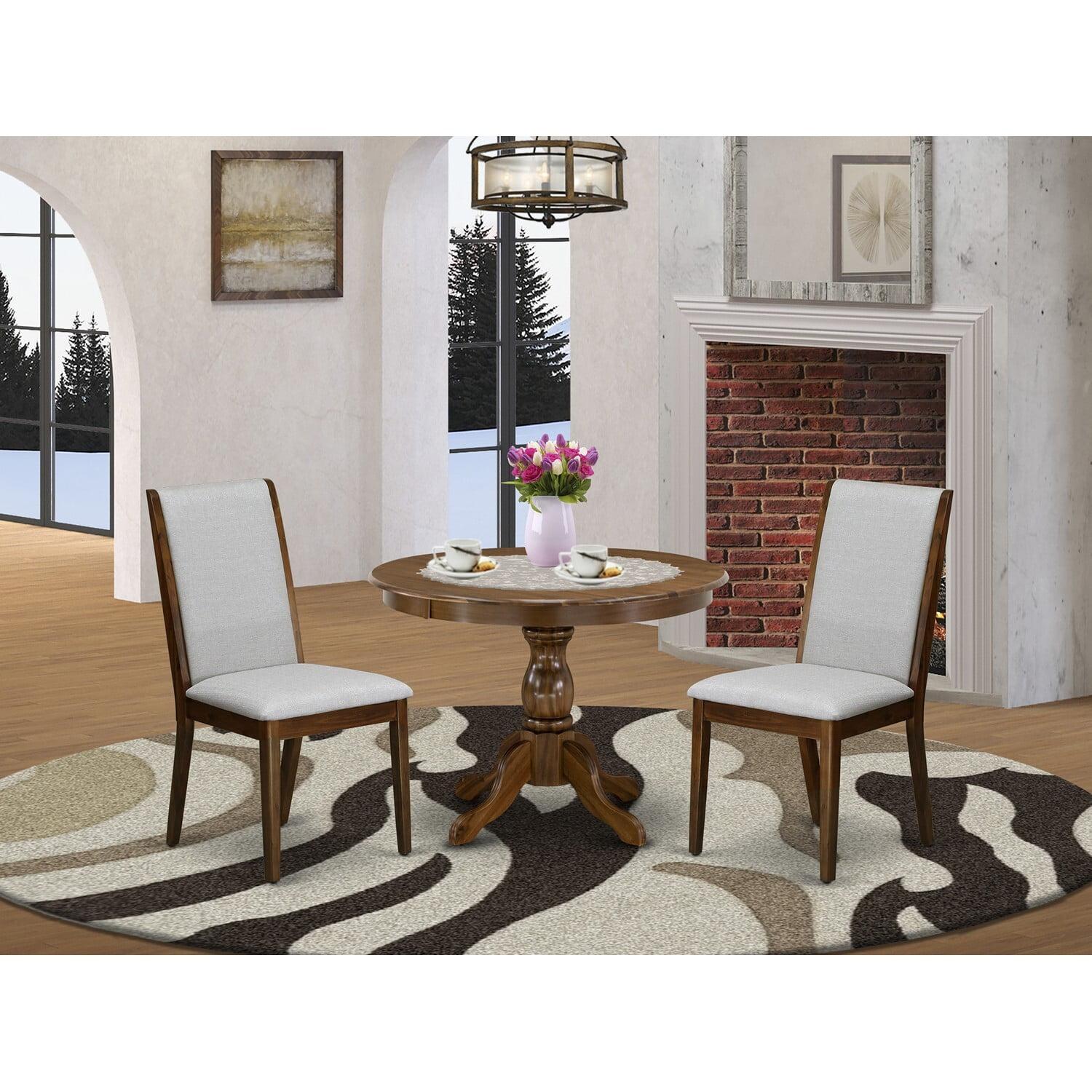 Acacia Walnut Round Pedestal Dining Table Set with Gray Upholstered Chairs