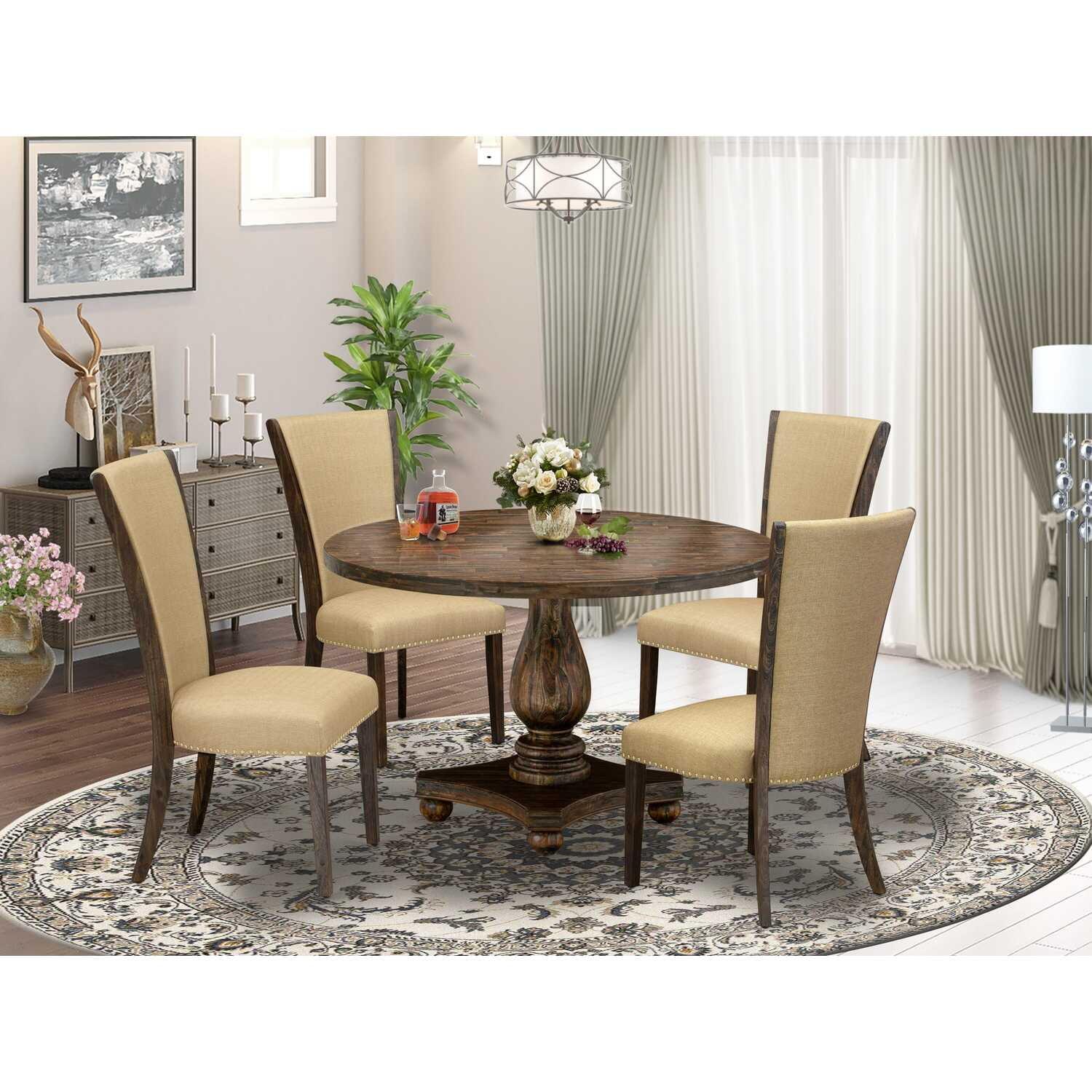 Distressed Jacobean Round Wood Dining Table Set with 4 Beige Linen Chairs