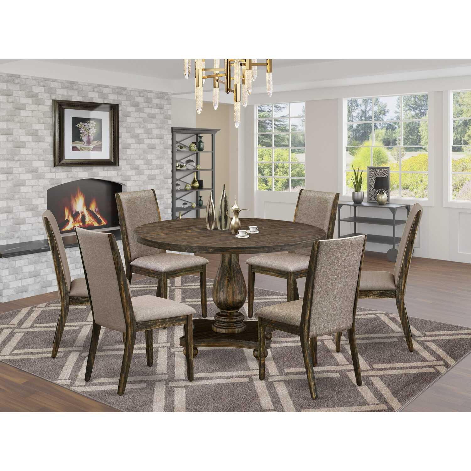 Distressed Jacobean 7-Piece Rubberwood Dining Set with Dark Khaki Chairs