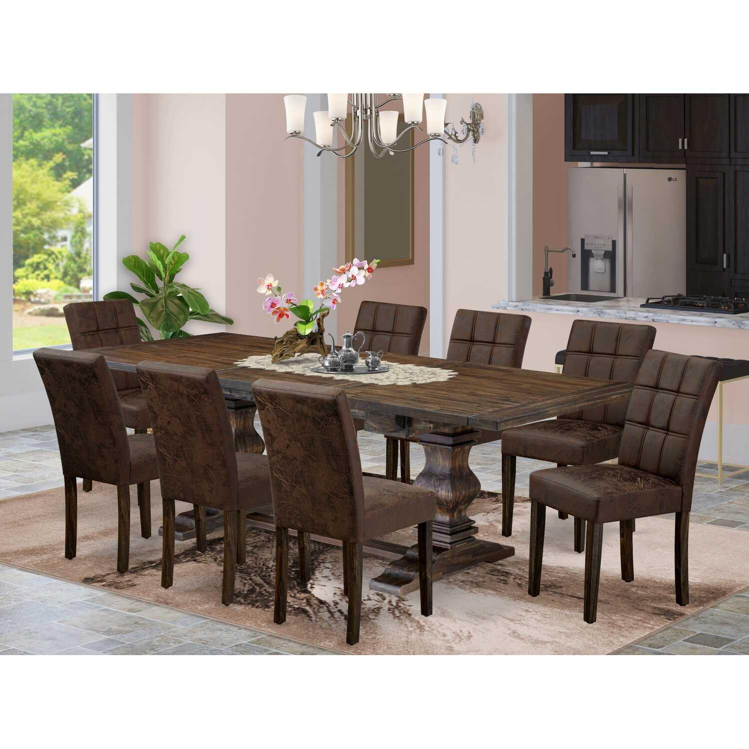 Distressed Jacobean 9-Piece Wood Dining Set with Faux Leather Chairs