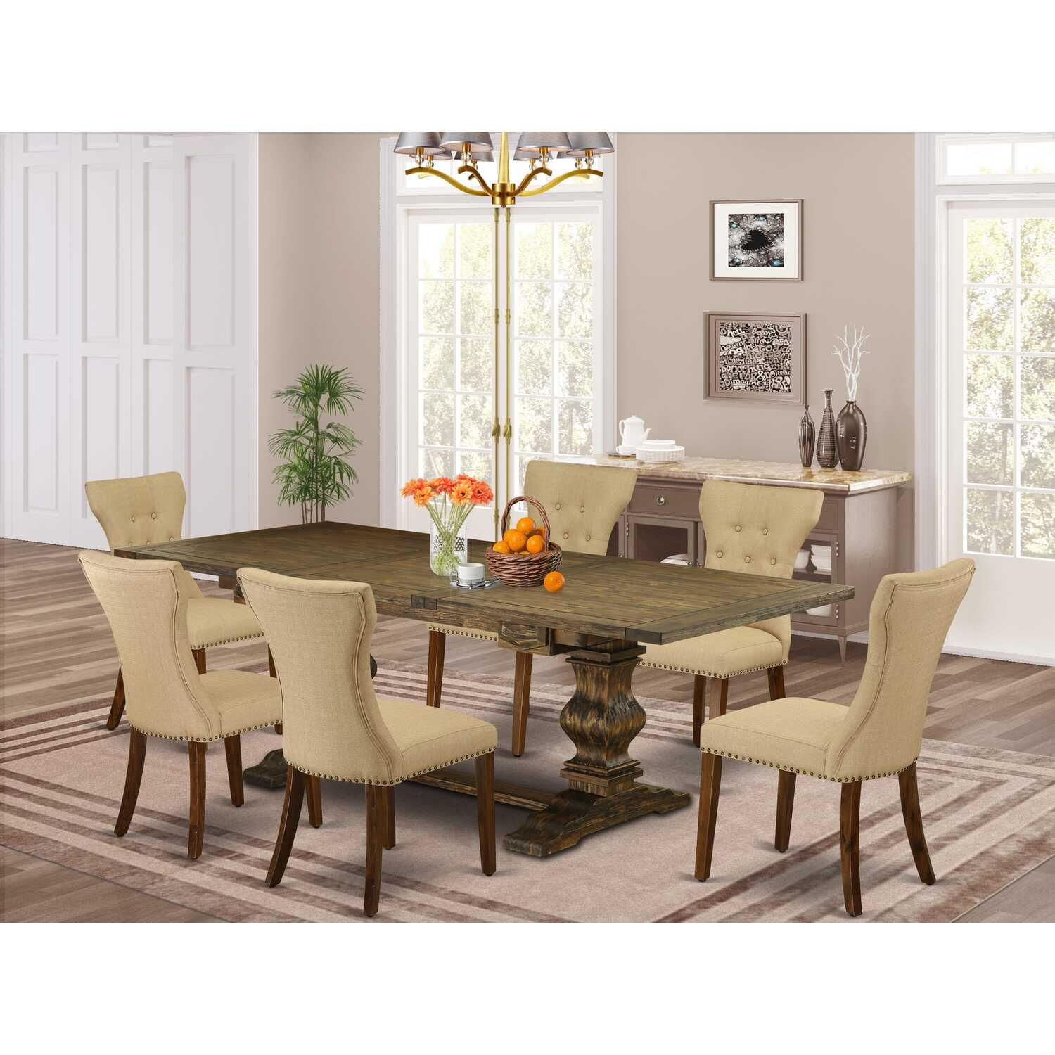 East West Furniture LAGA7-78-03 7-piece dining table set with Chairs Legs and Brown Linen Fabric dining chairs Set of 6 and dining table- Antique Walnut and Distressed Jacobean Finish