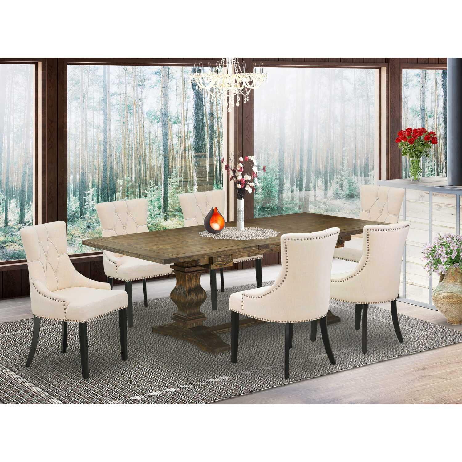 Distressed Jacobean 7-Piece Wood Dining Set with Beige Upholstered Chairs