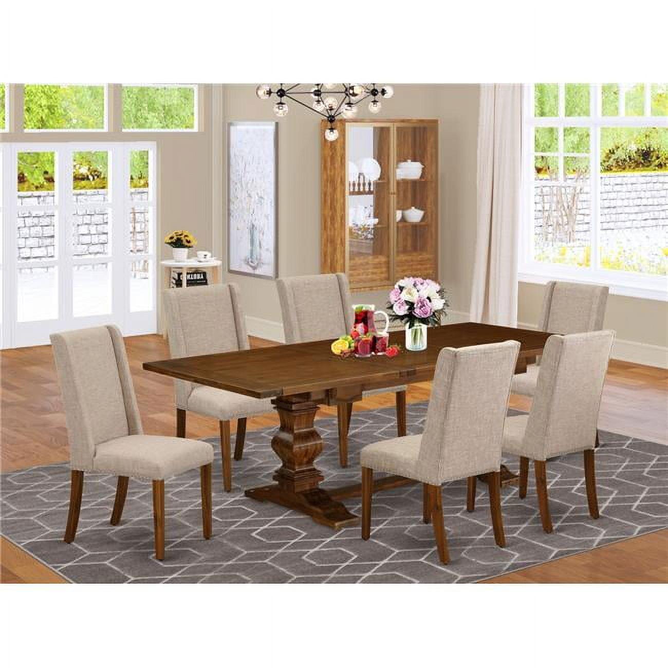 Antique Walnut Solid Wood Dining Set with Clay Linen Parson Chairs