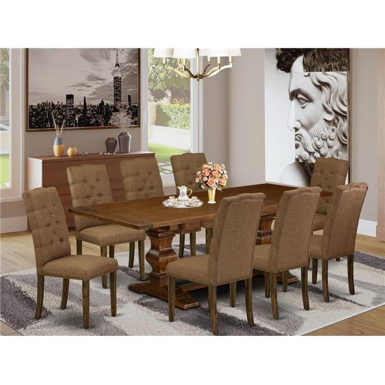 Antique Walnut 9-Piece Dining Set with Brown Beige Linen Chairs