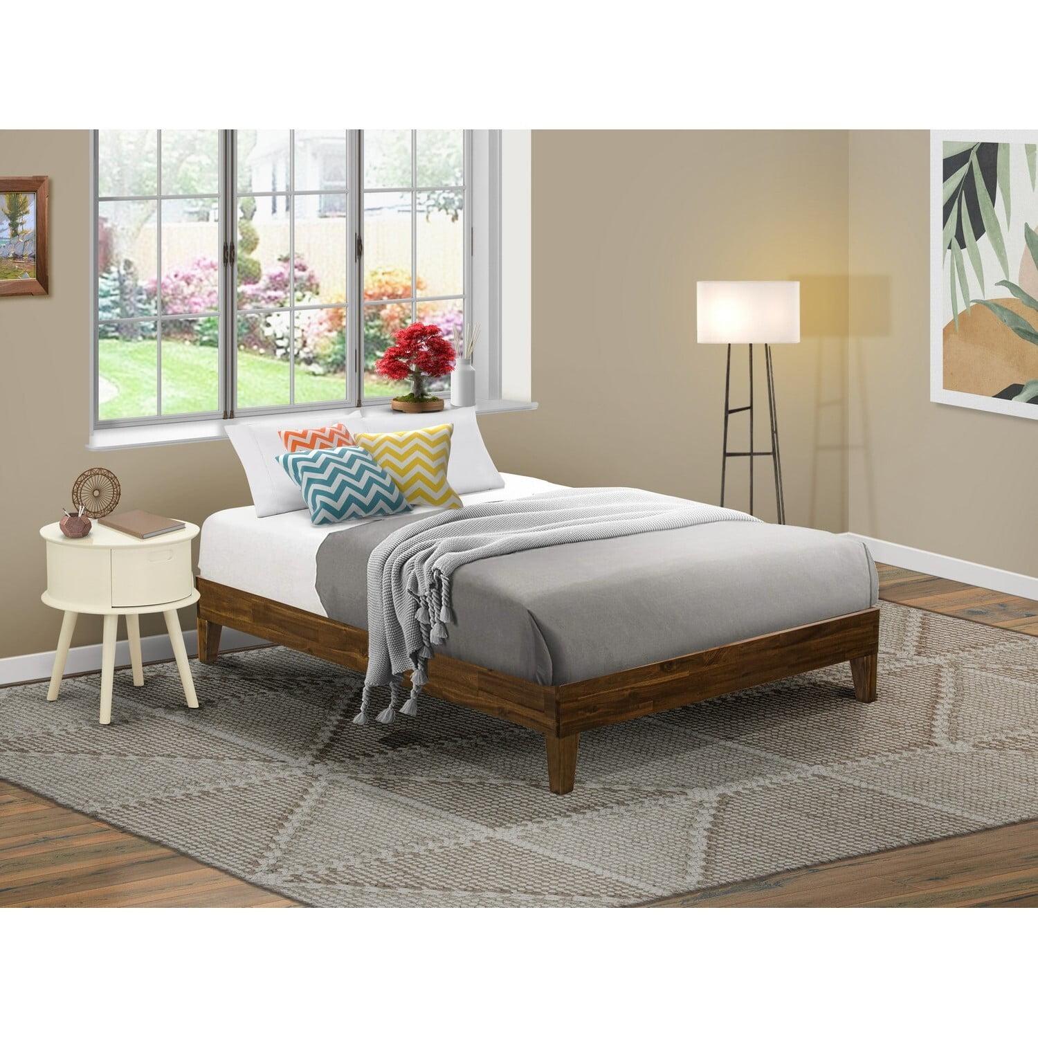 Walnut Full Size Upholstered Wood Bed Frame with Slats