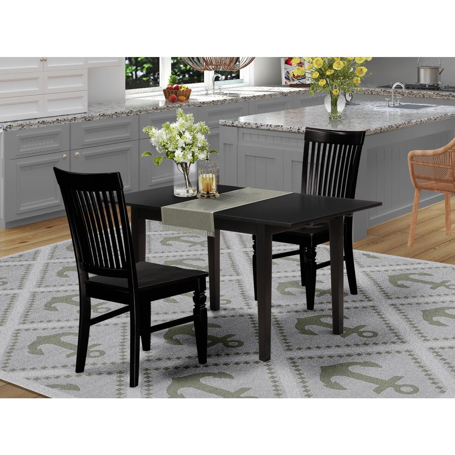 Mid-Century 3-Piece Black Rectangular Dining Set with Butterfly Leaf and Slatted Back Chairs