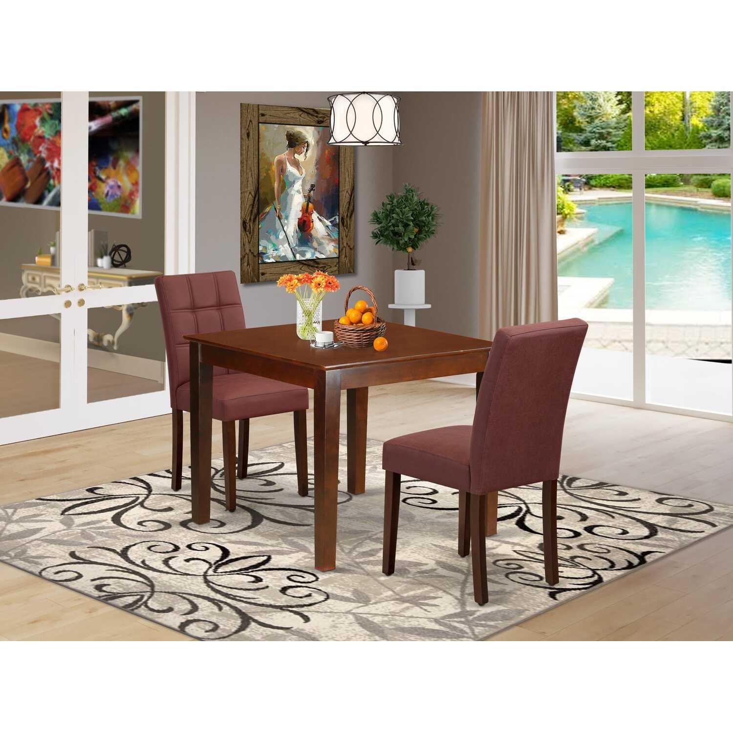 Mahogany Square Dining Table Set with Burgundy Faux Leather Chairs