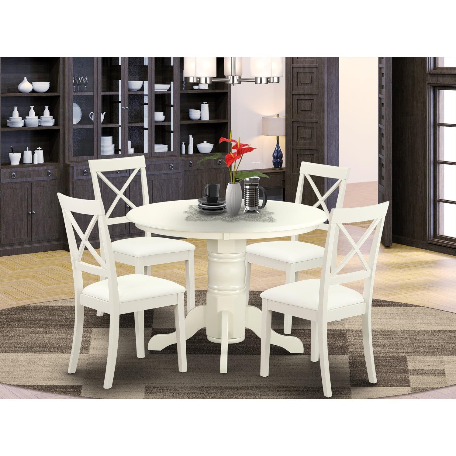 Linen White Round Pedestal Dining Set with Faux Leather Chairs