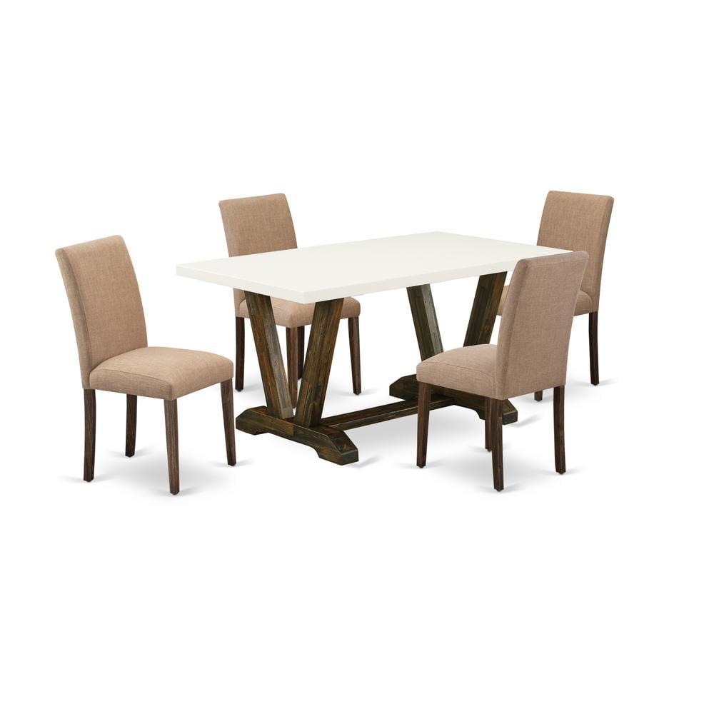 Red Barrel Studio® 5-Piece Dining Room Set Includes a Linen White (Off-White) Wood Table and 4 Light Sable Linen Fabric Parson Chairs - Distressed Jacobean Finish