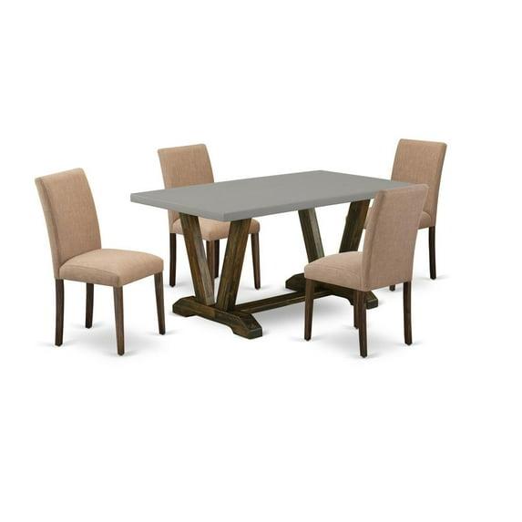 Red Barrel Studio® 5-Piece Dining Table Set Includes a Cement Wood Table and 4 Light Sable Linen Fabric Padded Chairs - Distressed Jacobean Finish