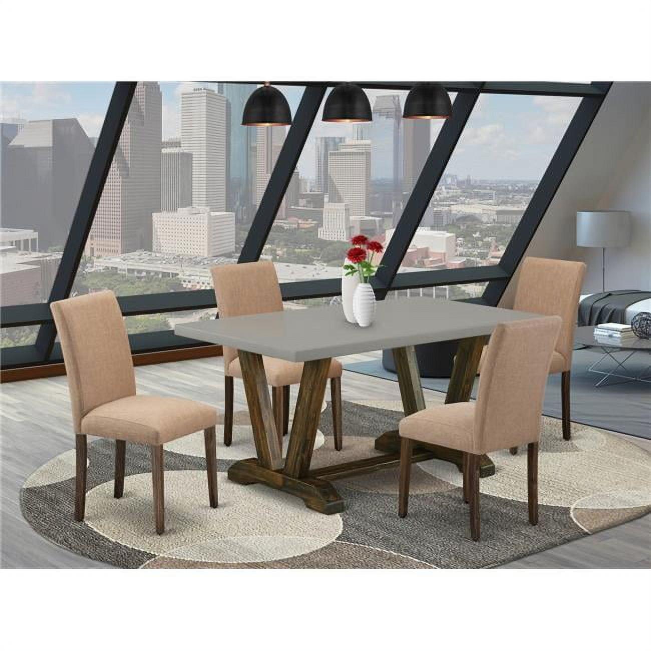 Red Barrel Studio® 5-Piece Dining Table Set Includes a Cement Wood Table and 4 Light Sable Linen Fabric Padded Chairs - Distressed Jacobean Finish
