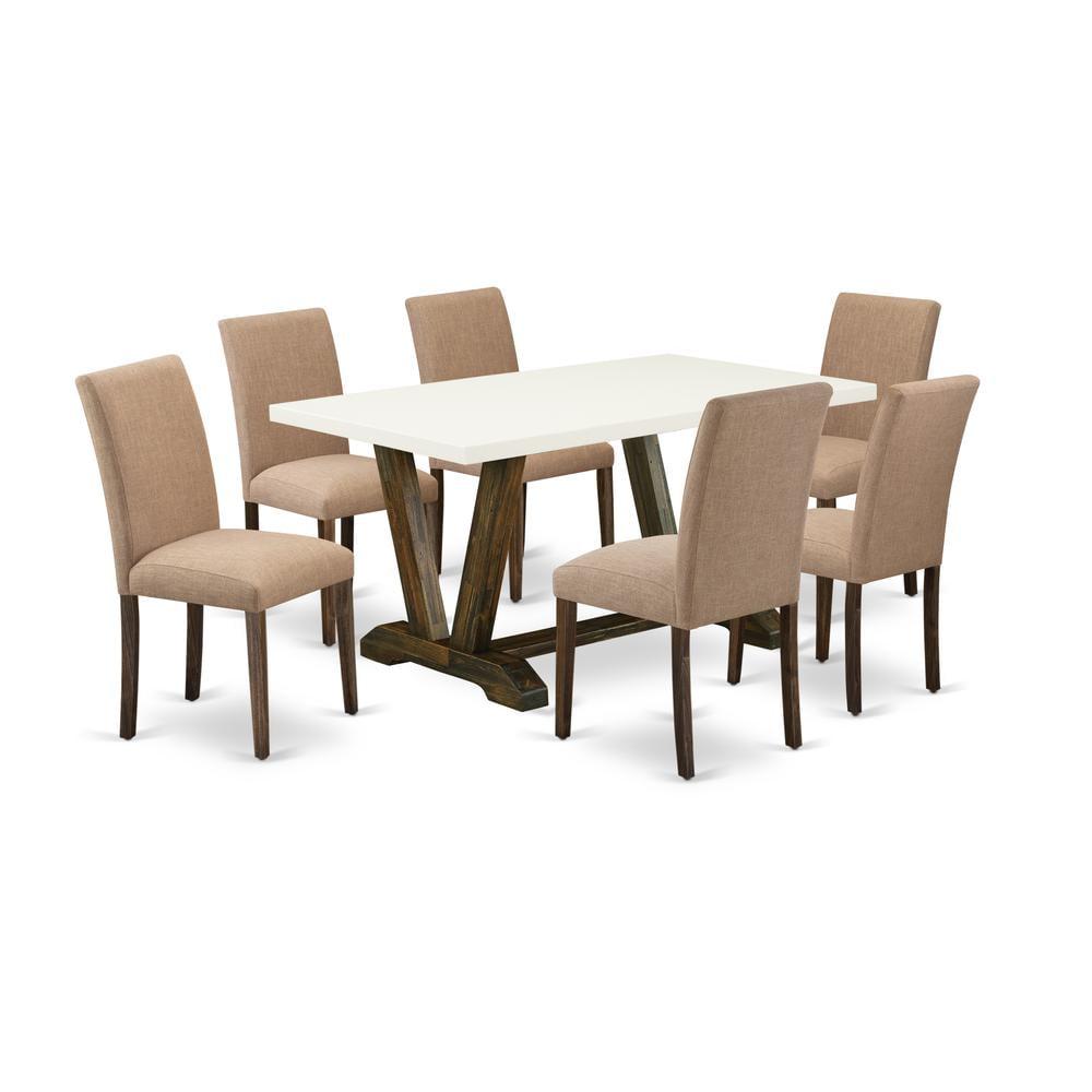 Red Barrel Studio® 7-Piece Dining Set Contains a Linen White (Off-White) Kitchen Table and 6 Light Sable Linen Fabric Kitchen Chairs - Distressed Jacobean Finish