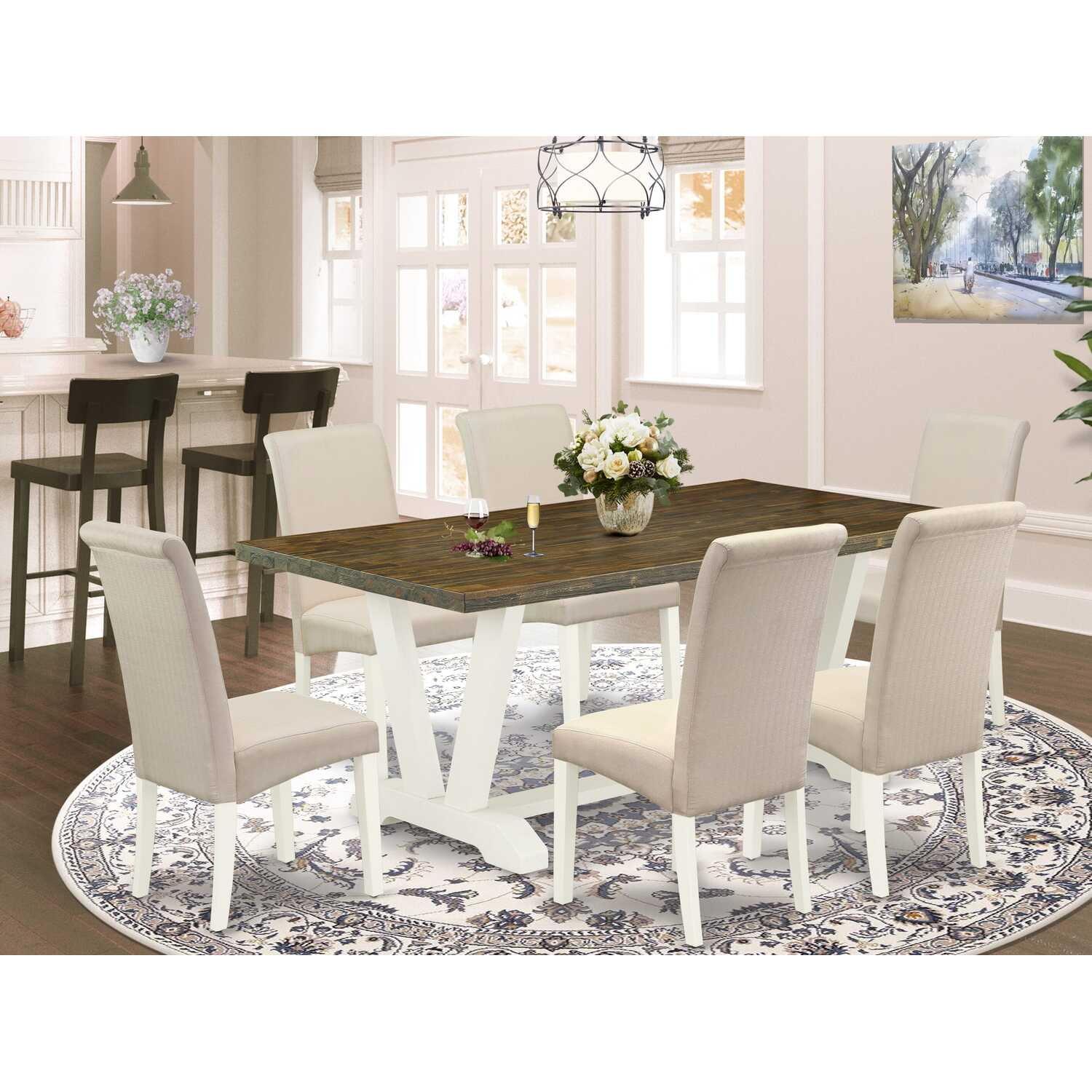 Elegant Linen White 7-Piece Dining Set with Cream Tufted Chairs