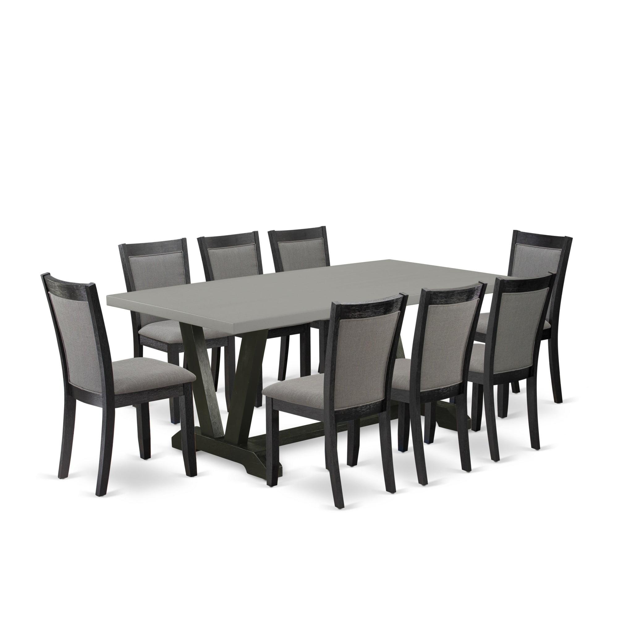 72" Cement Top Dining Table with 8 Dark Gray Linen Chairs