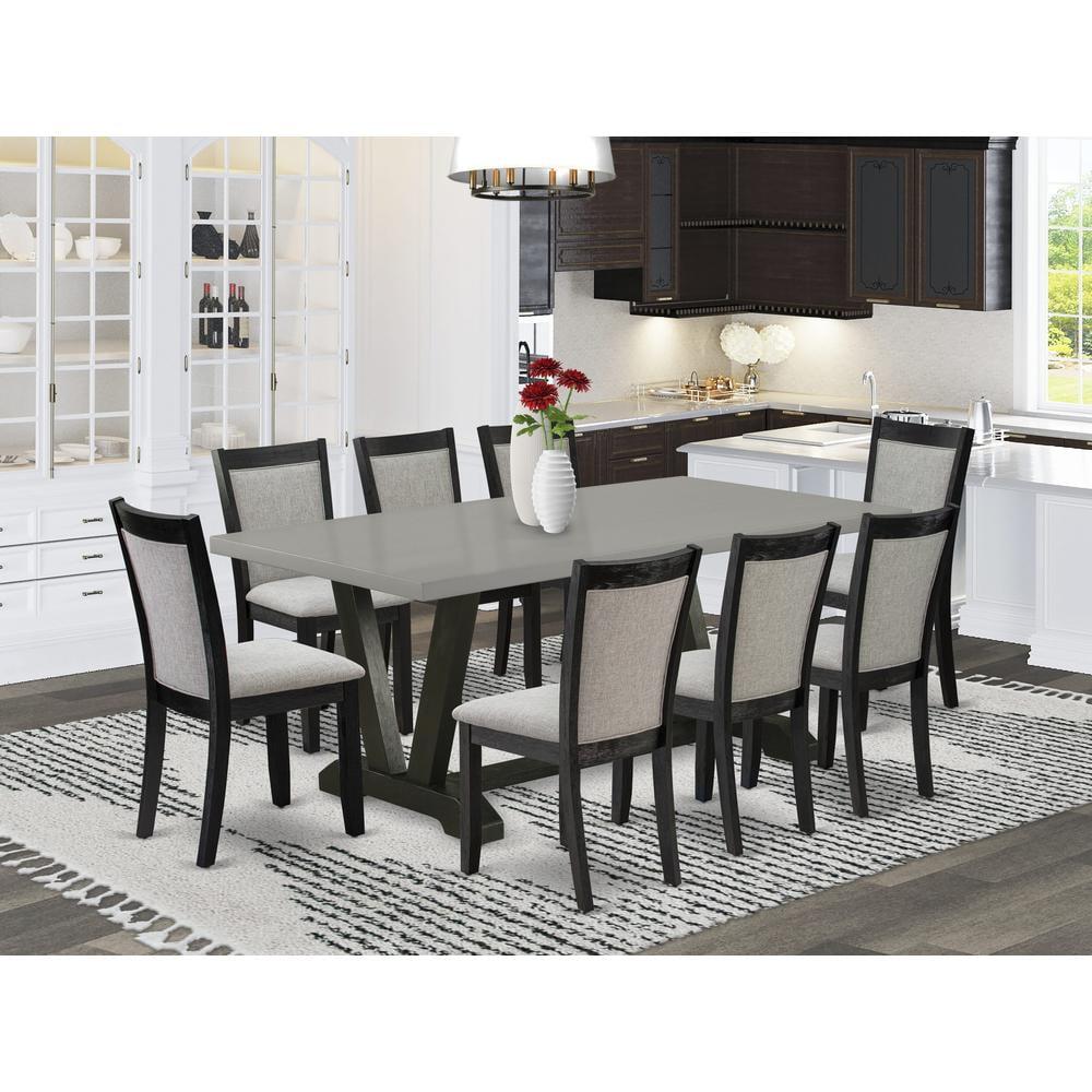 Gray Cement Top Dining Table with 8 Linen Chairs