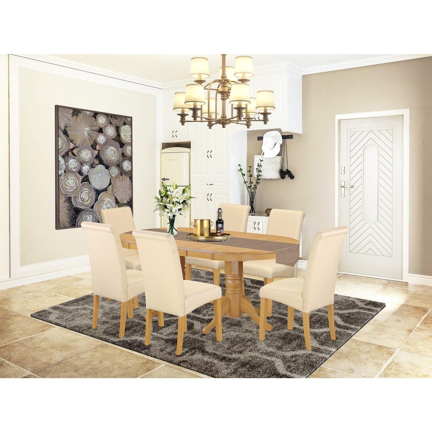 Classic Oak & Beige Linen 8-Piece Extendable Dining Set